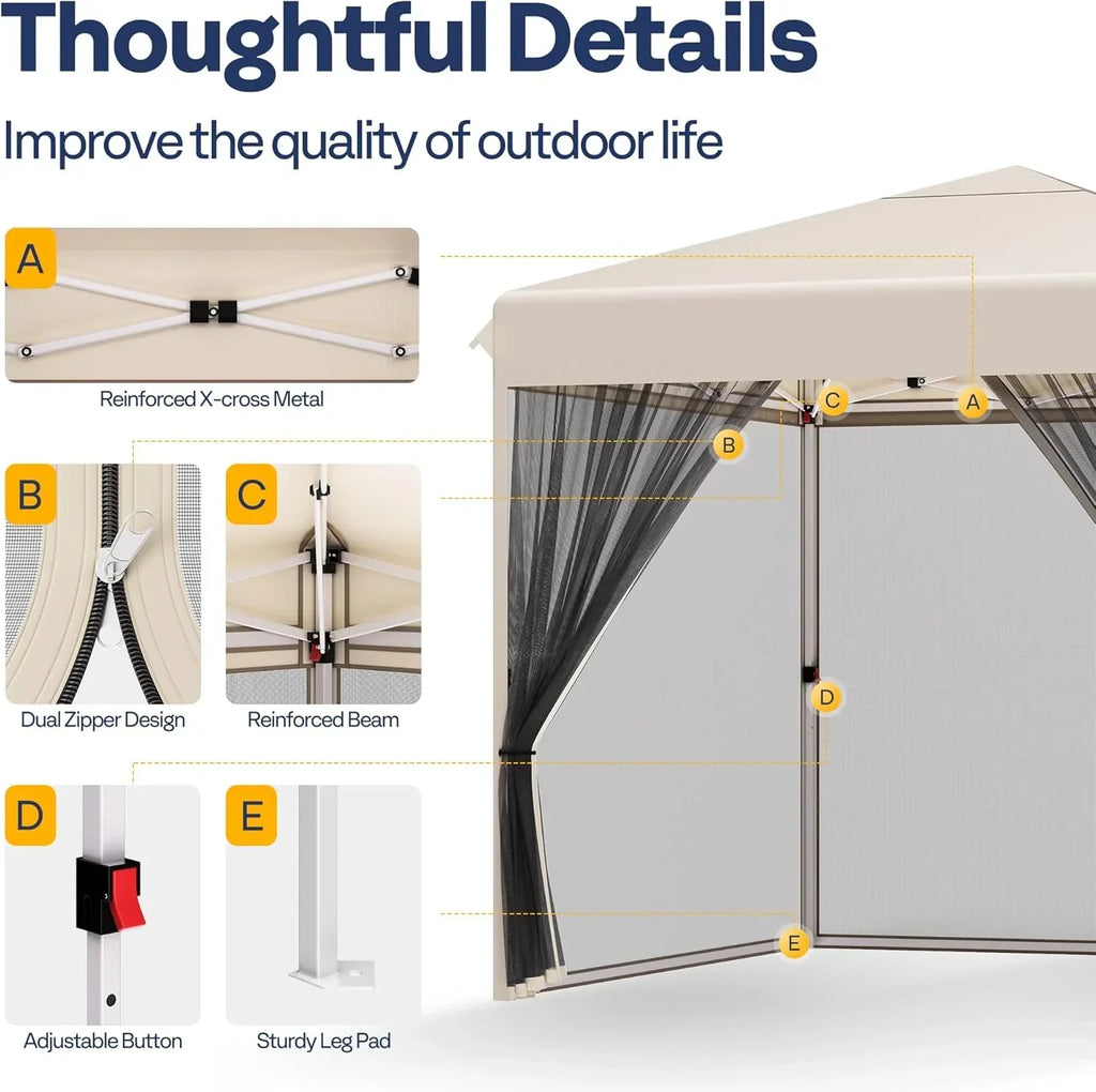 10x10ft Easy Pop-Up Canopy Outdoor Screen Tent with Mosquito Netting 2 Zipper Doors Roller Bag