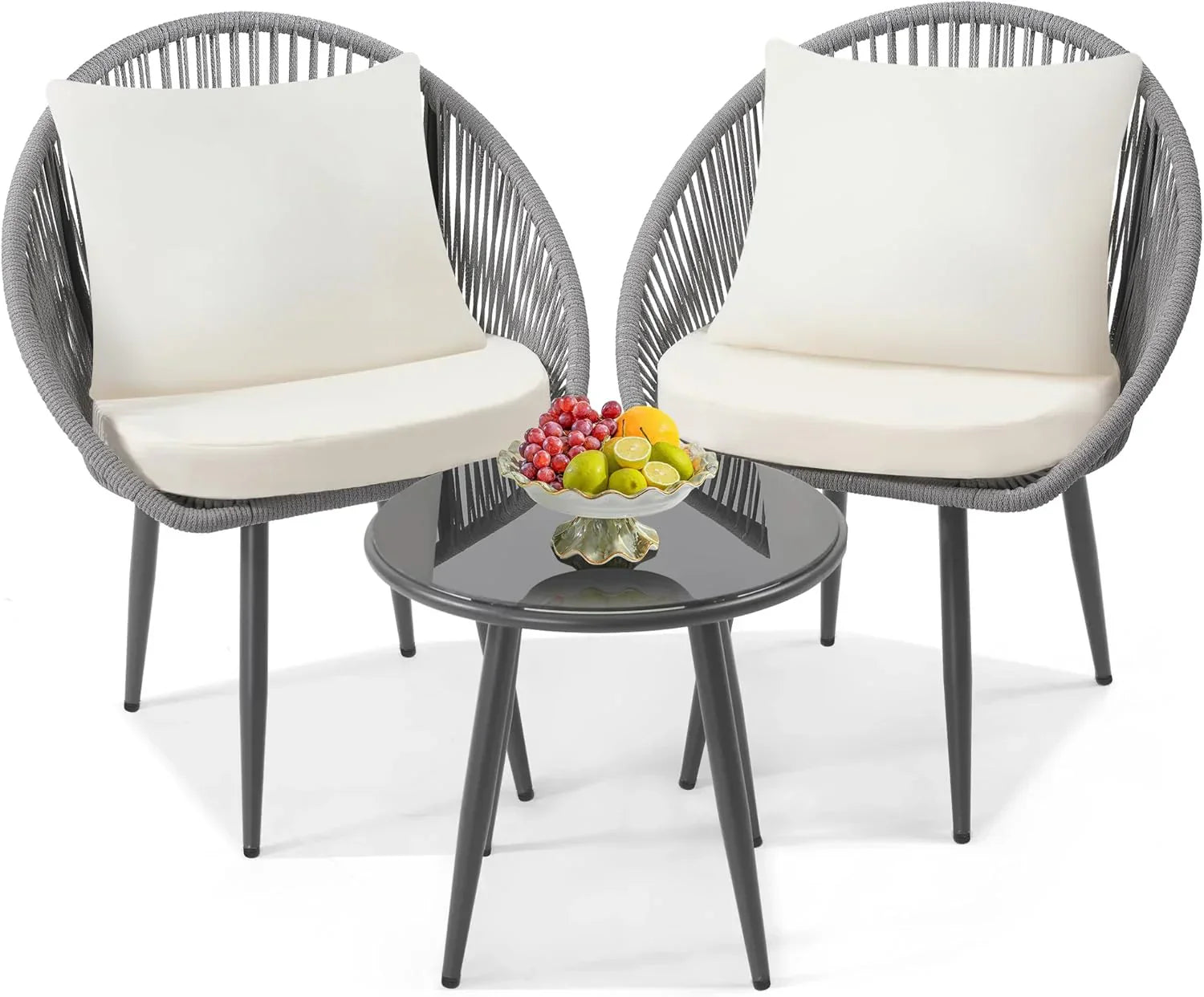 3 Piece Bistro Set Woven Rope Chair with Cushions All Weather Patio Conversation Set Side Table
