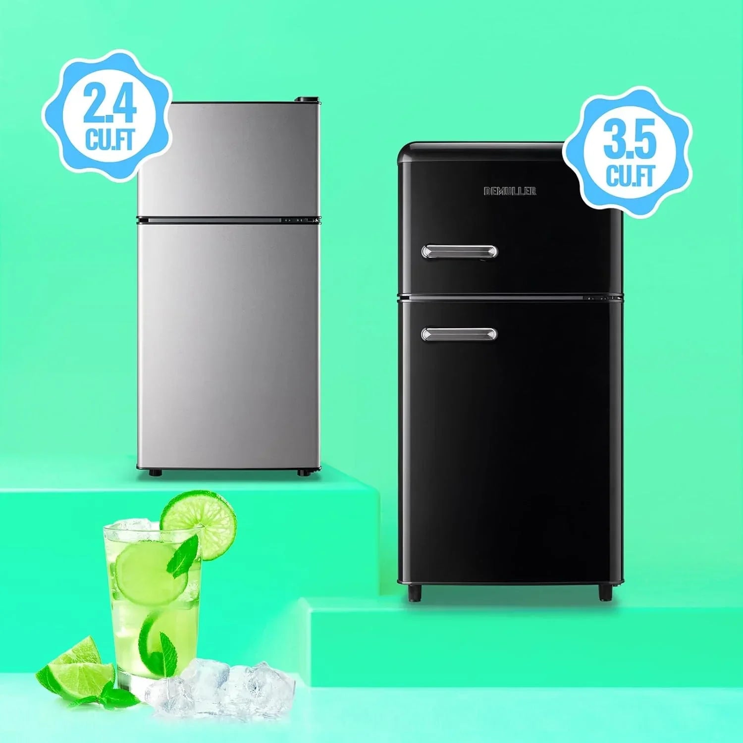 2.4 Cu.Ft Mini Fridge with Freezer Double Door Small Tiny Size Refrigerator with 7 Control Knob