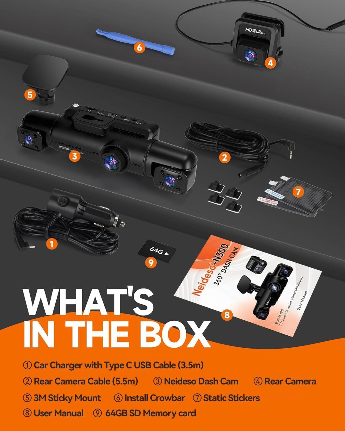 360° Dash Cam 4-Channel FHD 4*1080P Wi-Fi GPS Voice Control Car Camera, Front 2K+1080P*2 Dash Cam, with 64GB SD Card, Night Vision, 24-Hour Parking Mode