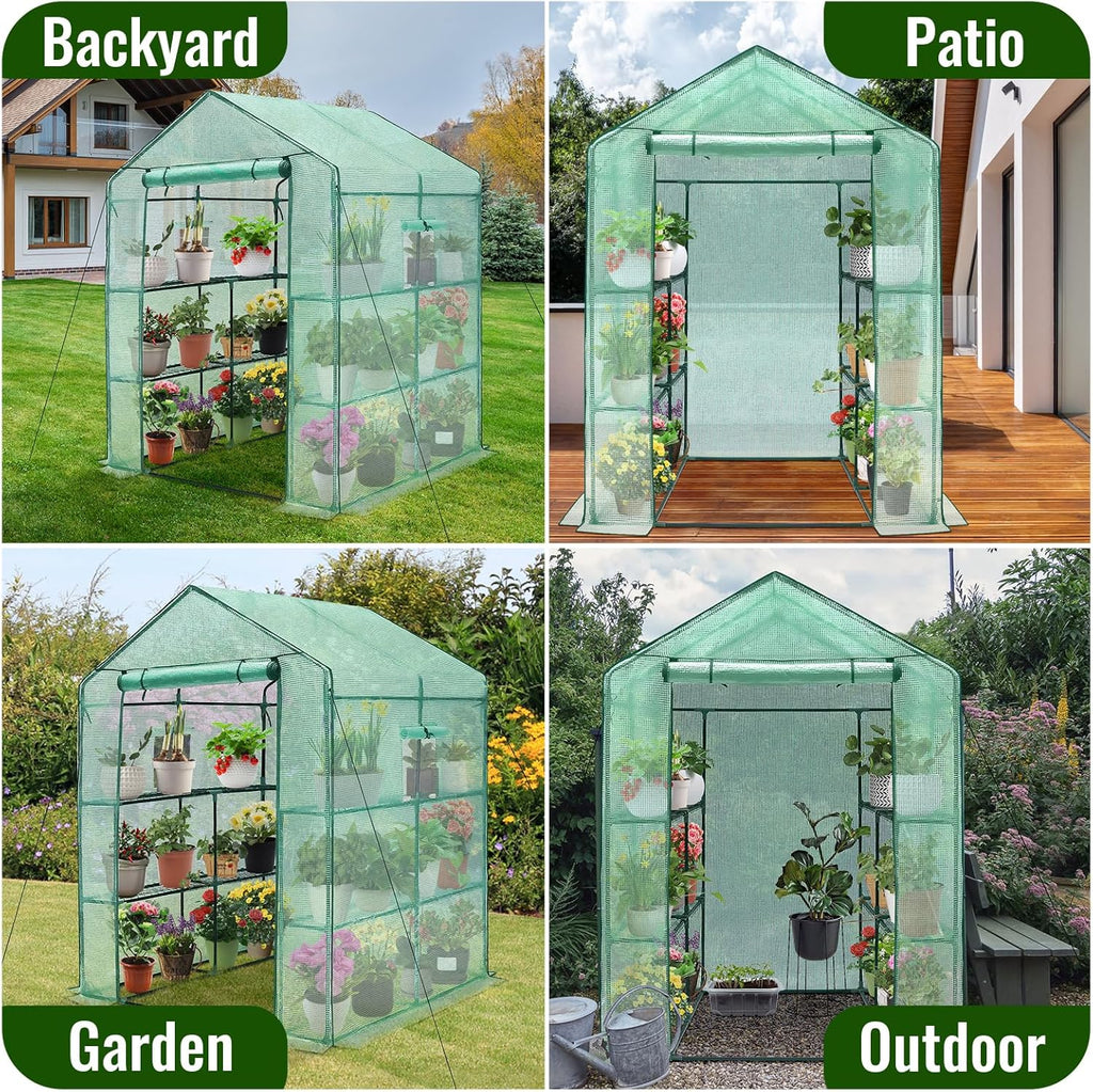 Greenhouse, 57 x 85 x 76'' Greenhouses for Outdoors, Portable Greenhouse Kit with Mesh Side Windows, PE Cover, 8 Shelves, Heavy Duty Walk in Green House for Backyard Garden Indoor Outside
