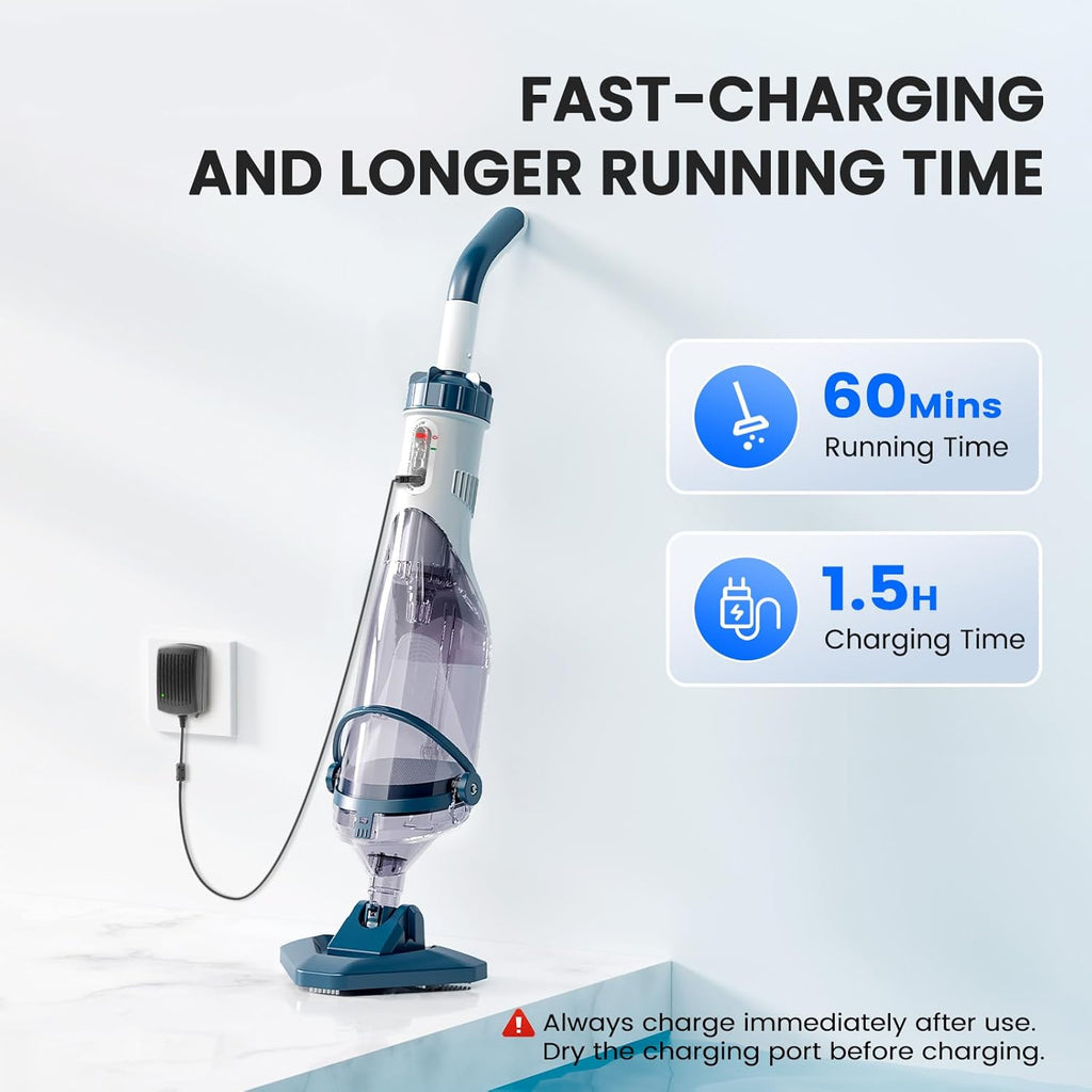 Pool Vacuum for Above Ground Pool with a Telescopic Pole, Running time up to 1H, T403 Handheld Rechargeable Pool Cleaner with Powerful Suction up to 18.5 gallons/min, Ideal for Leaves, Debris