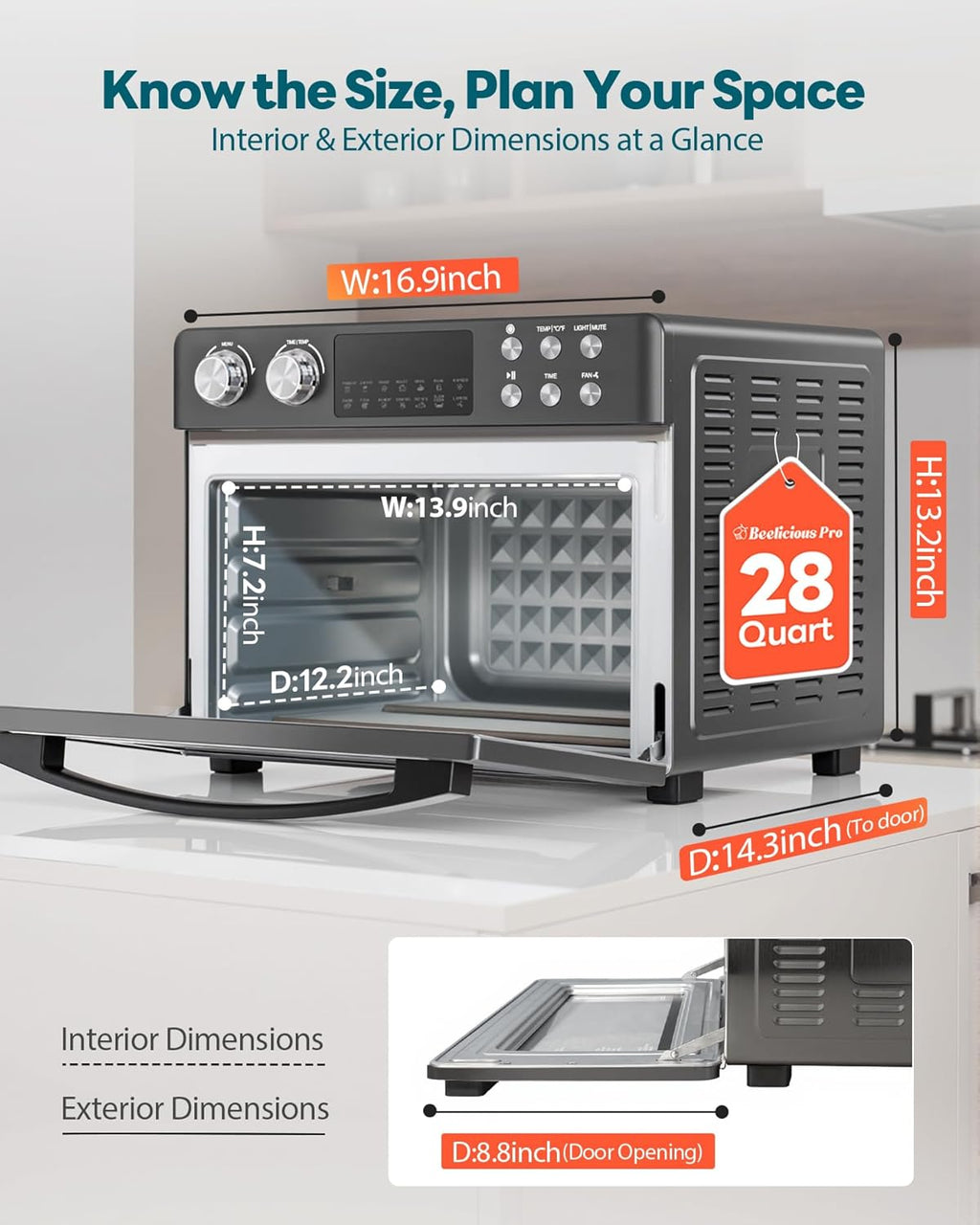 28QT Air Fryer Toaster Oven Combo, Large 12-in-1 Convection Countertop Oven with 3-Layer Cooking, Rotisserie for Chicken, 6 Heating Tubes, Fast Preheat, Fits 11" Pizza, Full Accessories, Sparkle Black