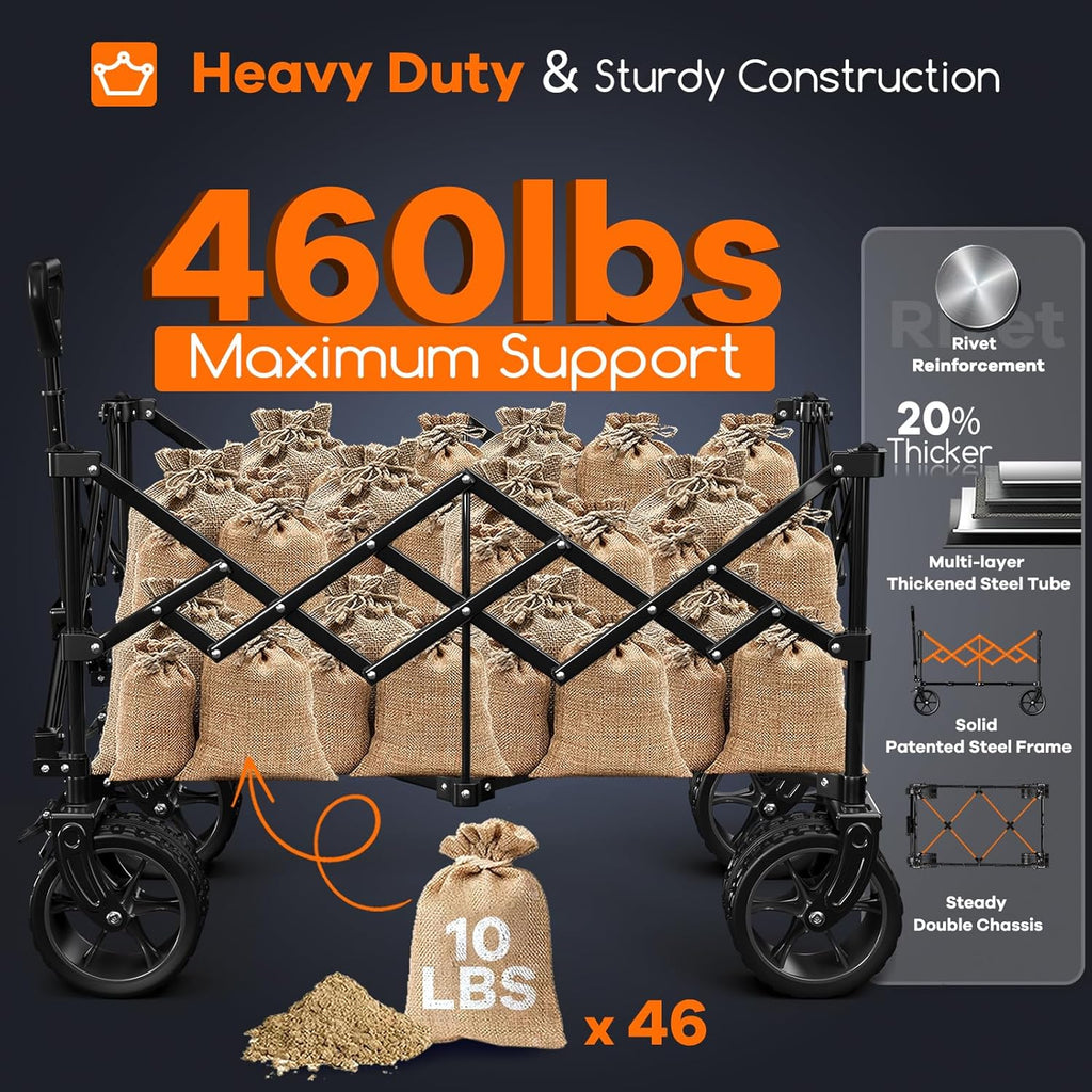 38" long foldable four-wheel stroller, foldable, 460 lb capacity, 220 liter heavy-duty folding beach stroller with large all-terrain tires