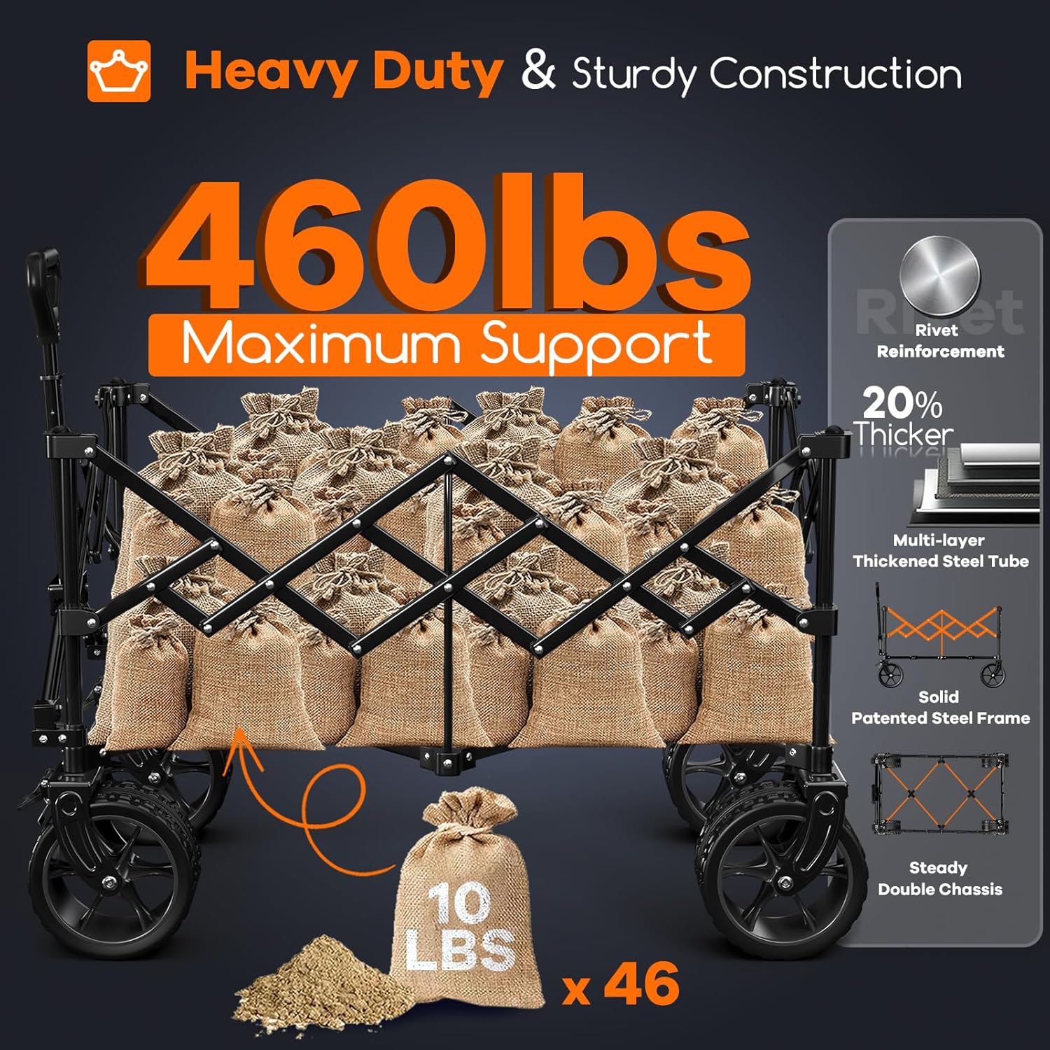 38" long foldable four-wheel stroller, foldable, 460 lb capacity, 220 liter heavy-duty folding beach stroller with large all-terrain tires