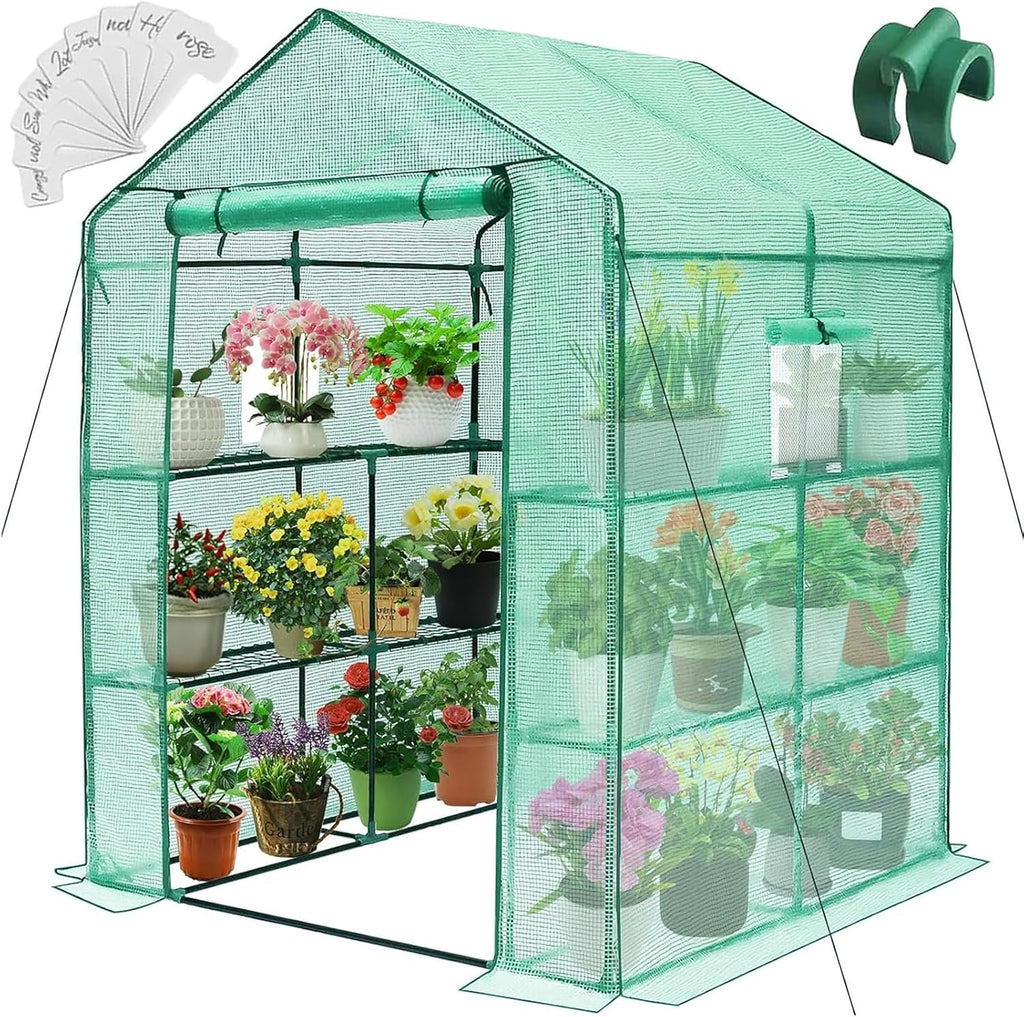 Greenhouse, 57 x 85 x 76'' Greenhouses for Outdoors, Portable Greenhouse Kit with Mesh Side Windows, PE Cover, 8 Shelves, Heavy Duty Walk in Green House for Backyard Garden Indoor Outside