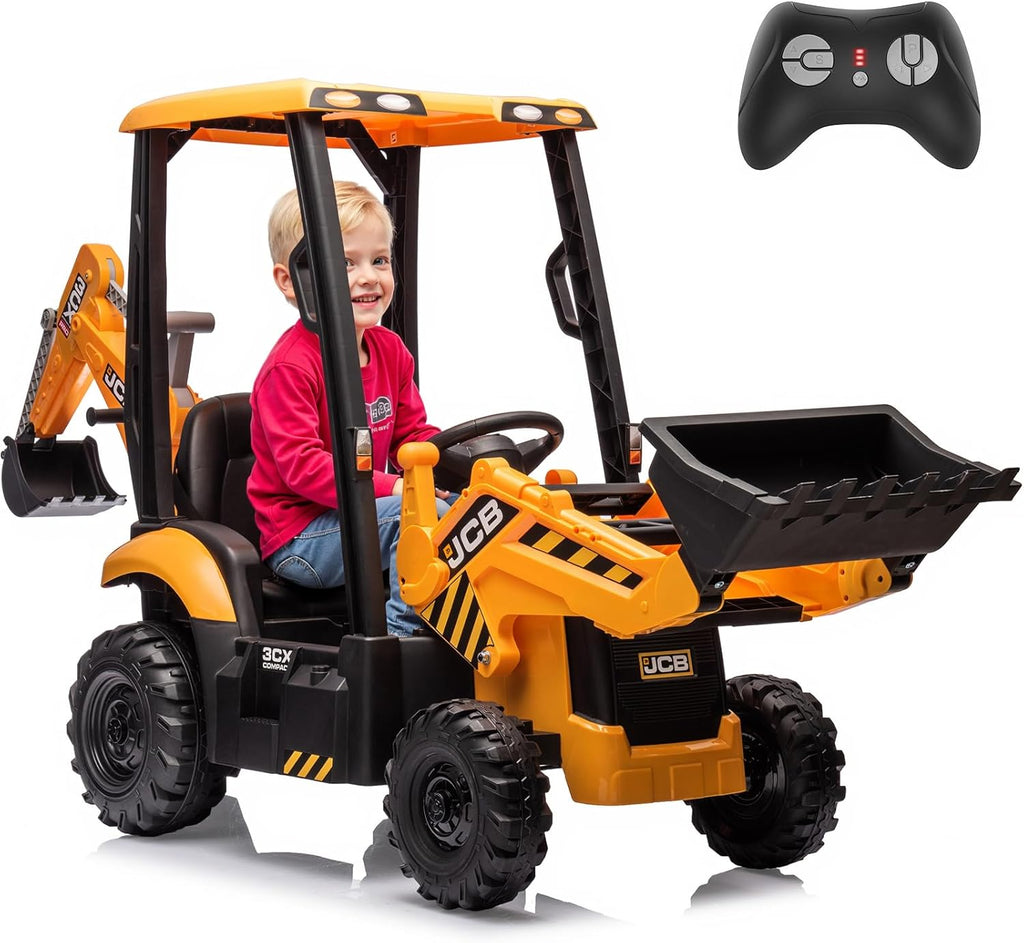 12V JCB Ride On Excavator, Ride on Toys for Kids 4-8, Electric Car for Kids with Tractor, Bulldozer, Digging Arm, Backhoe Toy Car with Slow Start/Stop, Adjustable Speeds