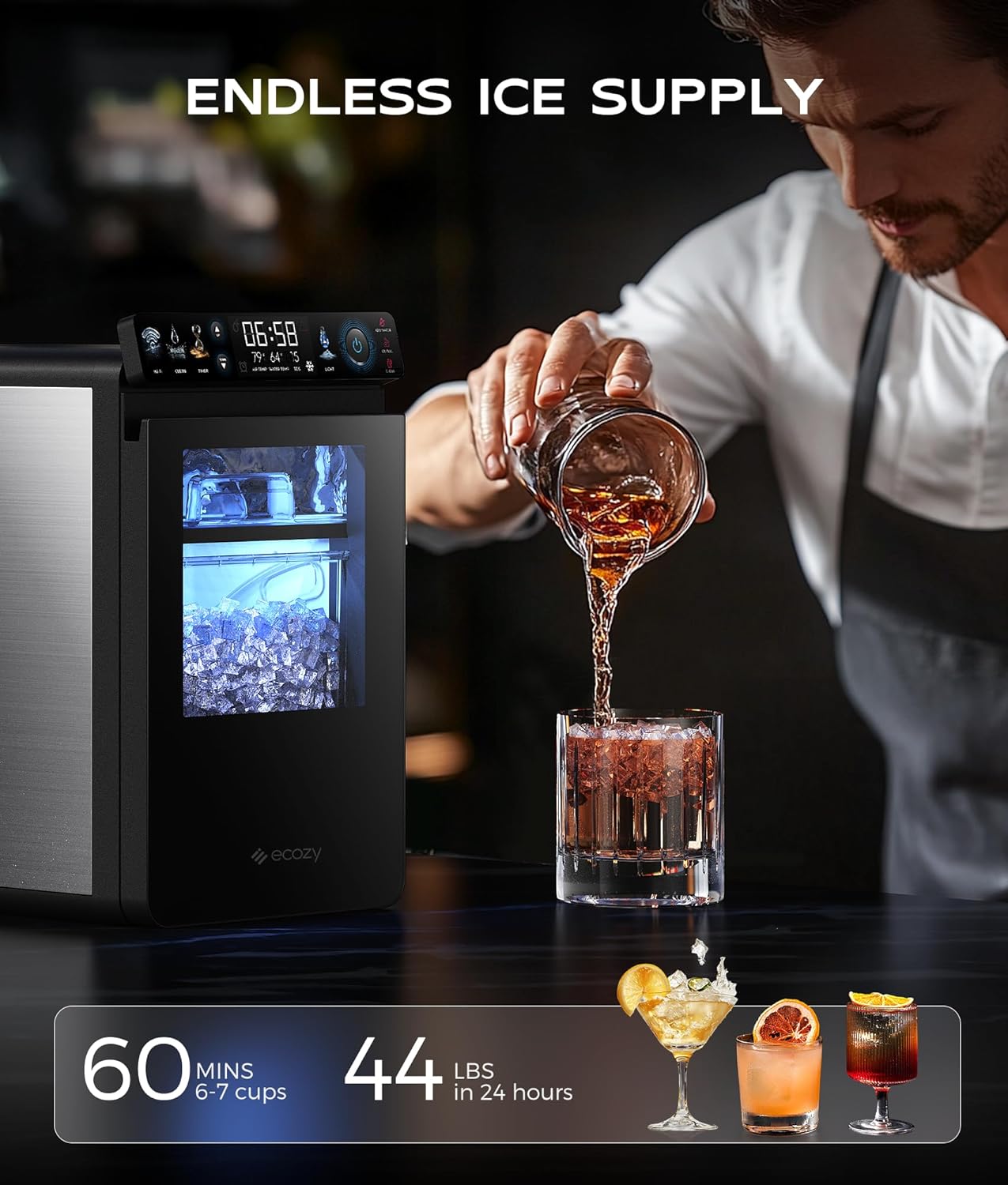 ecozy Nugget Ice Maker Countertop, Smart Pebble Ice Machine with APP Control, 44 lbs/24H Soft Pellet Chewable Ice with Self-Cleaning, Stainless Steel