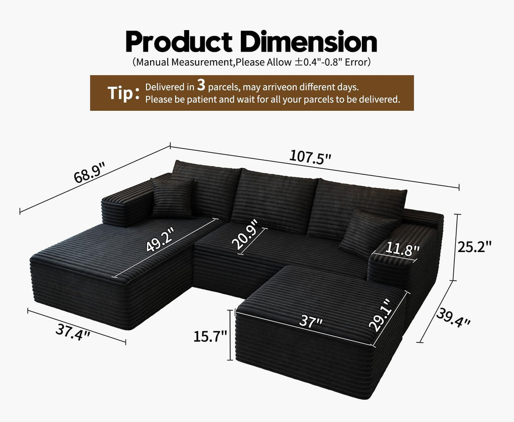 107.5" Cloud Modular Sectional Sofa Couch with L-Shape Chaise,Modern Minimalist Upholstered Couches for Living Room Bedroom,Deep Seat Corner Couch，No Assembly Required (Black,Left Facing Chaise)