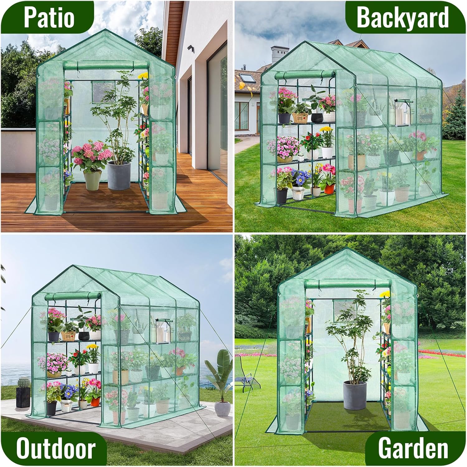 Greenhouse, 57 x 85 x 76'' Greenhouses for Outdoors, Portable Greenhouse Kit with Mesh Side Windows, PE Cover, 8 Shelves, Heavy Duty Walk in Green House for Backyard Garden Indoor Outside