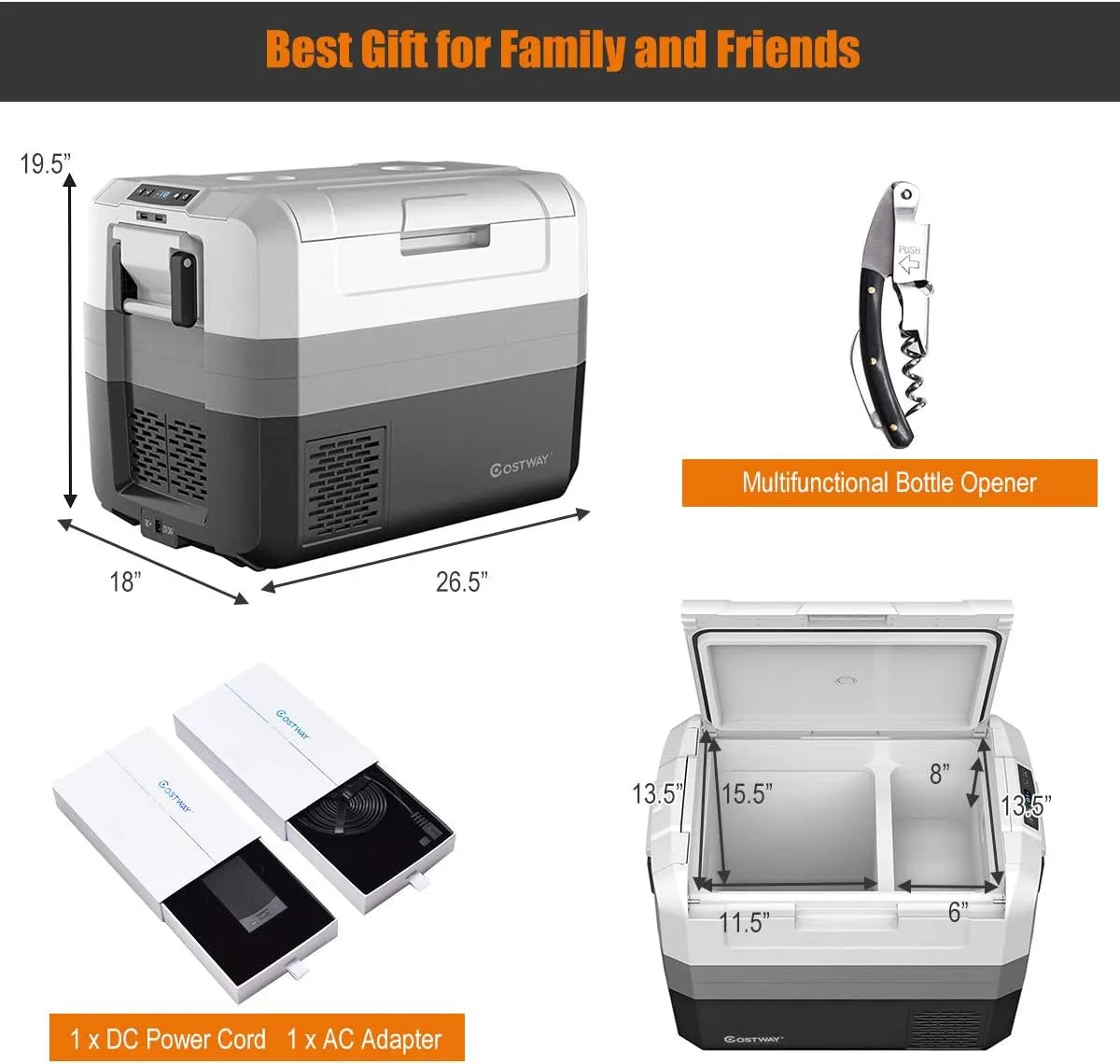 Portable Car Refrigerator, -14.8 to 50 , 58-Quart Compressor Travel Fridge with Two-way Open Door, Operating Panel, Groove Design, Compact RV Freezer and Cooler for Outdoor and Home Use