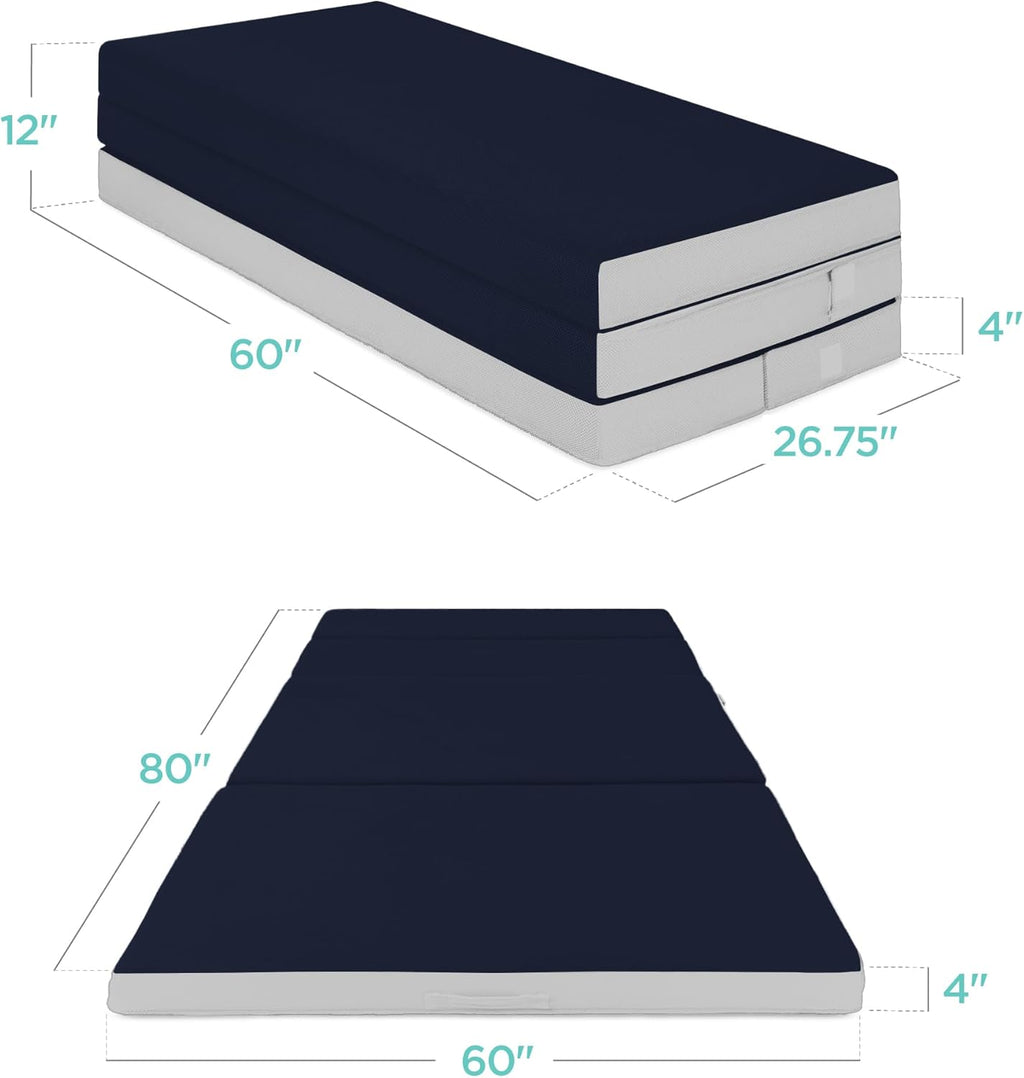 4in Portable Queen-Size Mattress, Tri-Fold Mattress for Camping, Guest, Toddler