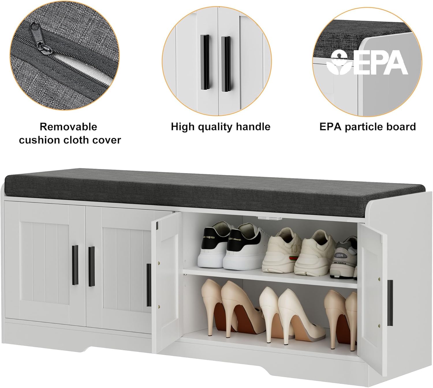 2-Tier Storage Bench, Shoe Bench with Thickened Padded Seat Cushion, Entryway Bench with 4 Doors, Adjustable Shelf, 13.8" D x 45.3" W x 18.5" H, for Entryway, Living Room, Bedroom, White