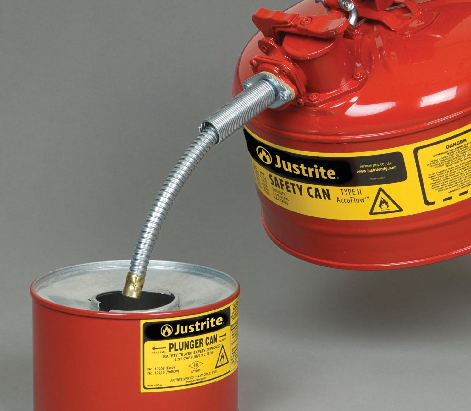 Justrite 5-Gallon Type II Red Safety Gas Can OSHA-Approved Steel Fuel Container with Flame Arrester, Self-Closing Lid & 1" Flexible Spout (7250130)