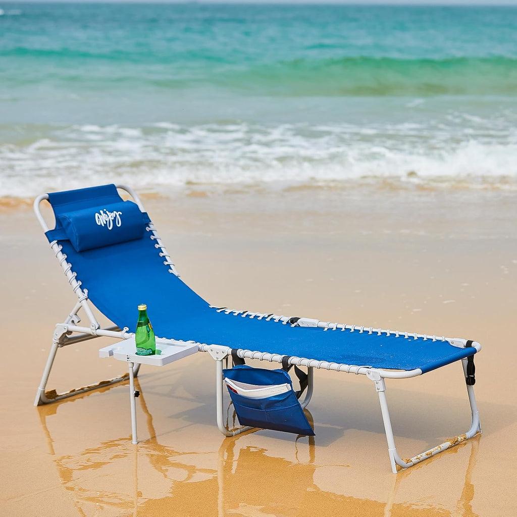 2 Pack Outdoor Chaise Lounge Chair - Portable Folding Patio Pool Lounge Chair, 5 Positions Adjustable Reclining Camping Chair with Side Table,Shoulder Strap, Pillow for Beach Sunbathing Lawn
