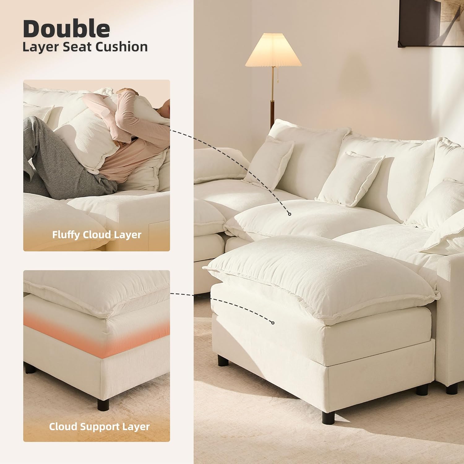 108" U Shaped Couch, Modular Sectional Sofa, 3-Seater Comfy Cloud Couch with Movable Ottoman, Deep Seat Couches for Living Room, Linen, Beige