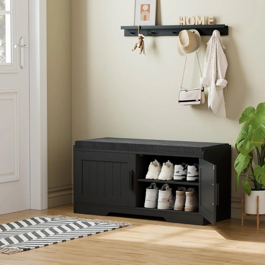 2-Tier Storage Bench Shoe Bench with Thickened Padded Seat Cushion Entryway Bench