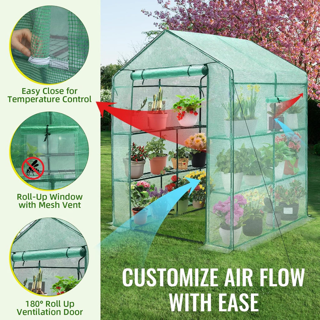 Greenhouse, 57 x 85 x 76'' Greenhouses for Outdoors, Portable Greenhouse Kit with Mesh Side Windows, PE Cover, 8 Shelves, Heavy Duty Walk in Green House for Backyard Garden Indoor Outside