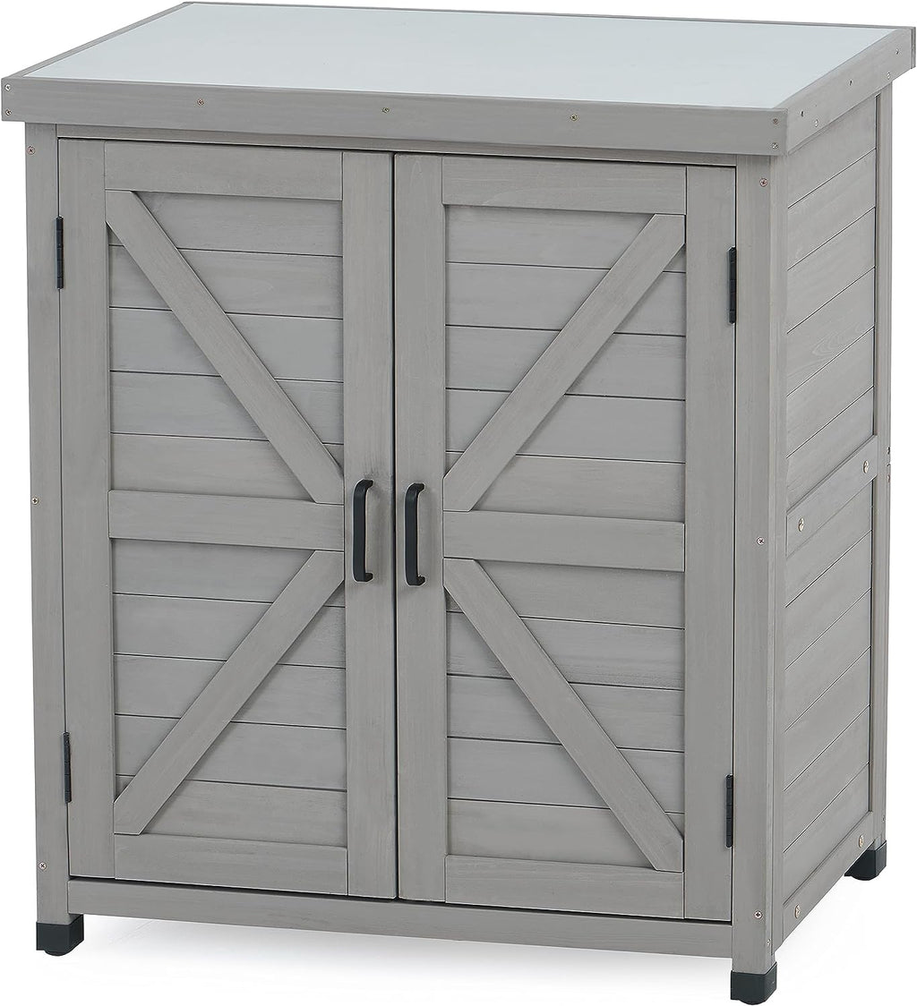 Potting Bench with Storage Cabinet and Metal Table Top for Outdoor Patio, Garden Furniture Wood Workstation
