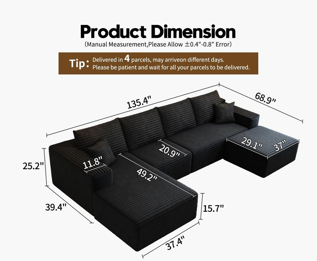 107.5" Cloud Modular Sectional Sofa Couch with L-Shape Chaise,Modern Minimalist Upholstered Couches for Living Room Bedroom,Deep Seat Corner Couch，No Assembly Required (Black,Left Facing Chaise)