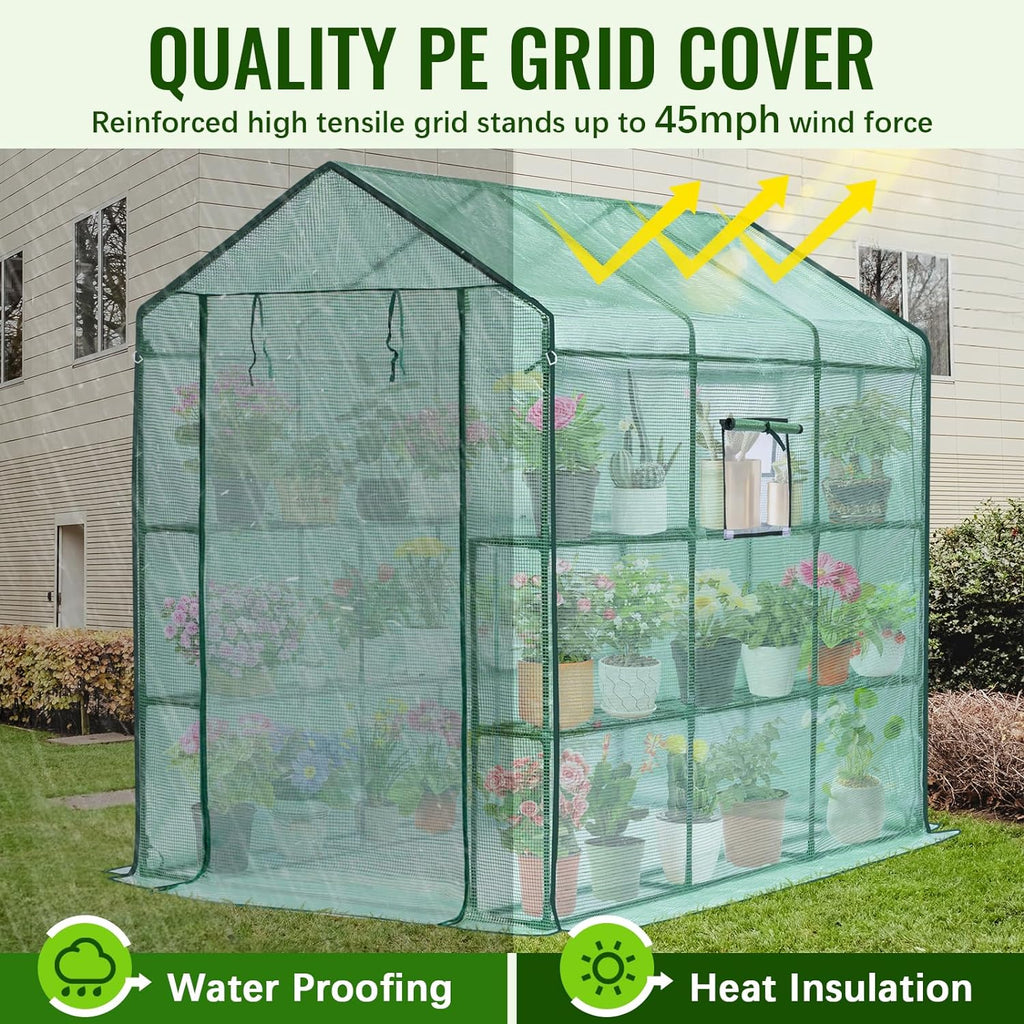 Greenhouse, 57 x 85 x 76'' Greenhouses for Outdoors, Portable Greenhouse Kit with Mesh Side Windows, PE Cover, 8 Shelves, Heavy Duty Walk in Green House for Backyard Garden Indoor Outside