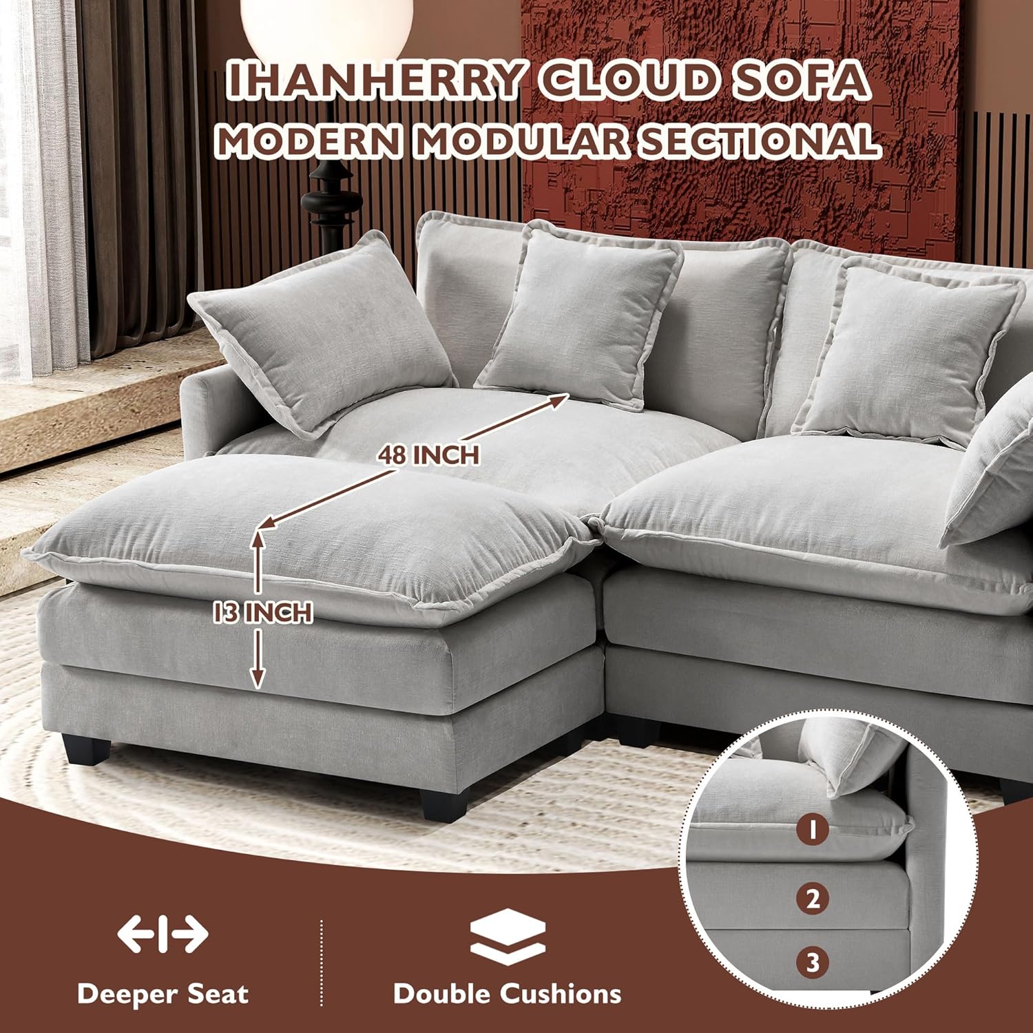 111.4 Inch L-Shaped Modern Sofa Modular Cloud Sofa Ottoman 4-Seater Chenille Deep Seat Sofa