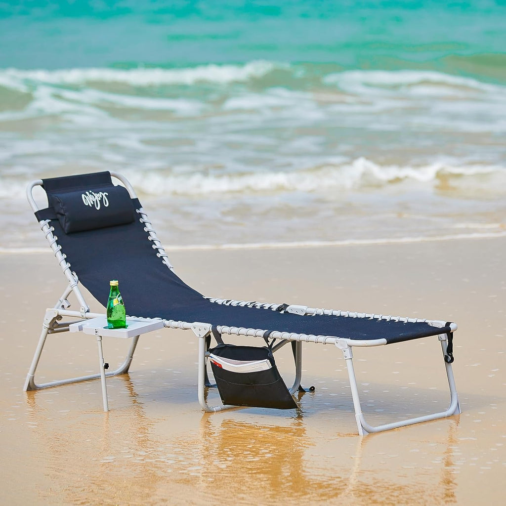 2 Pack Outdoor Chaise Lounge Chair - Portable Folding Patio Pool Lounge Chair, 5 Positions Adjustable Reclining Camping Chair with Side Table,Shoulder Strap, Pillow for Beach Sunbathing Lawn