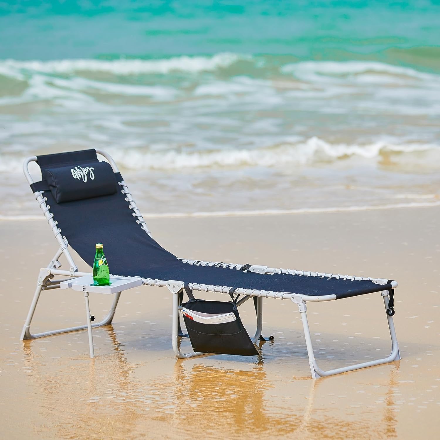 2 Pack Outdoor Chaise Lounge Chair - Portable Folding Patio Pool Lounge Chair, 5 Positions Adjustable Reclining Camping Chair with Side Table,Shoulder Strap, Pillow for Beach Sunbathing Lawn