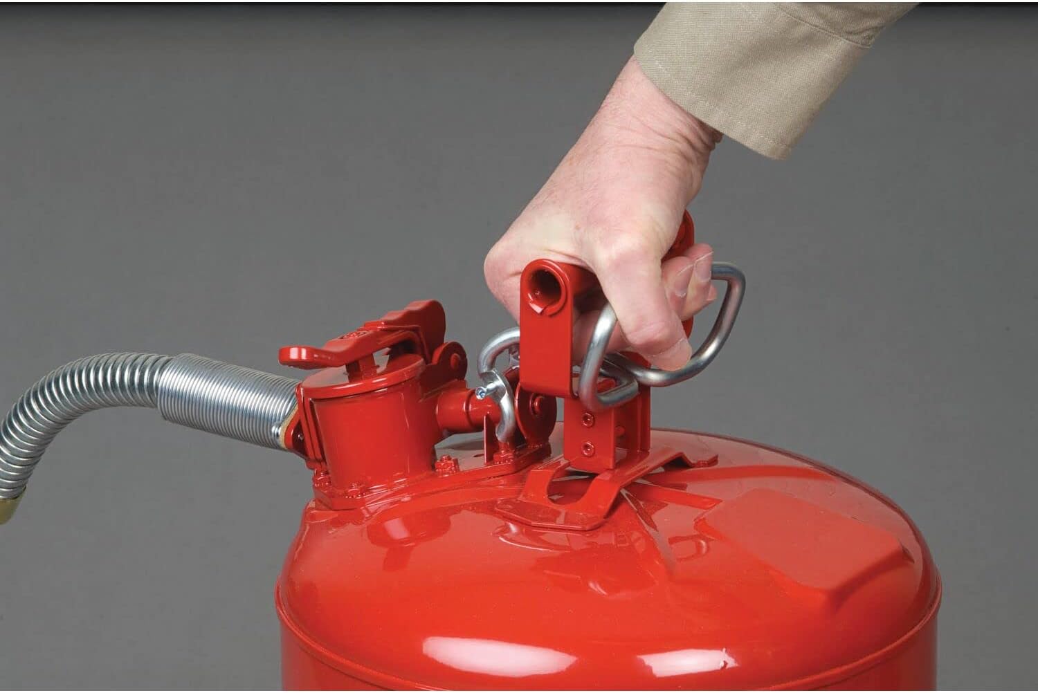 Justrite 5-Gallon Type II Red Safety Gas Can OSHA-Approved Steel Fuel Container with Flame Arrester, Self-Closing Lid & 1" Flexible Spout (7250130)