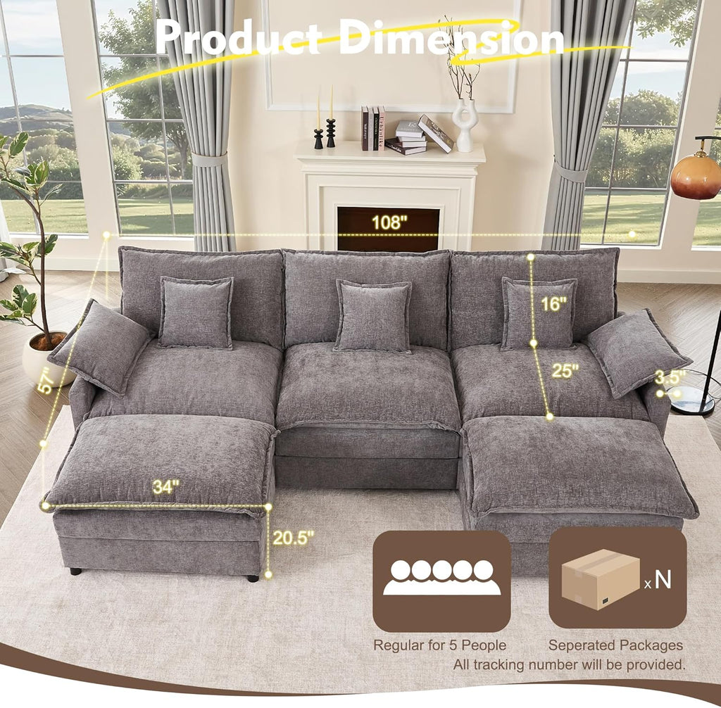 108" U Shaped Couch, Modular Sectional Sofa, 3-Seater Comfy Cloud Couch with Movable Ottoman, Deep Seat Couches for Living Room, Linen, Beige
