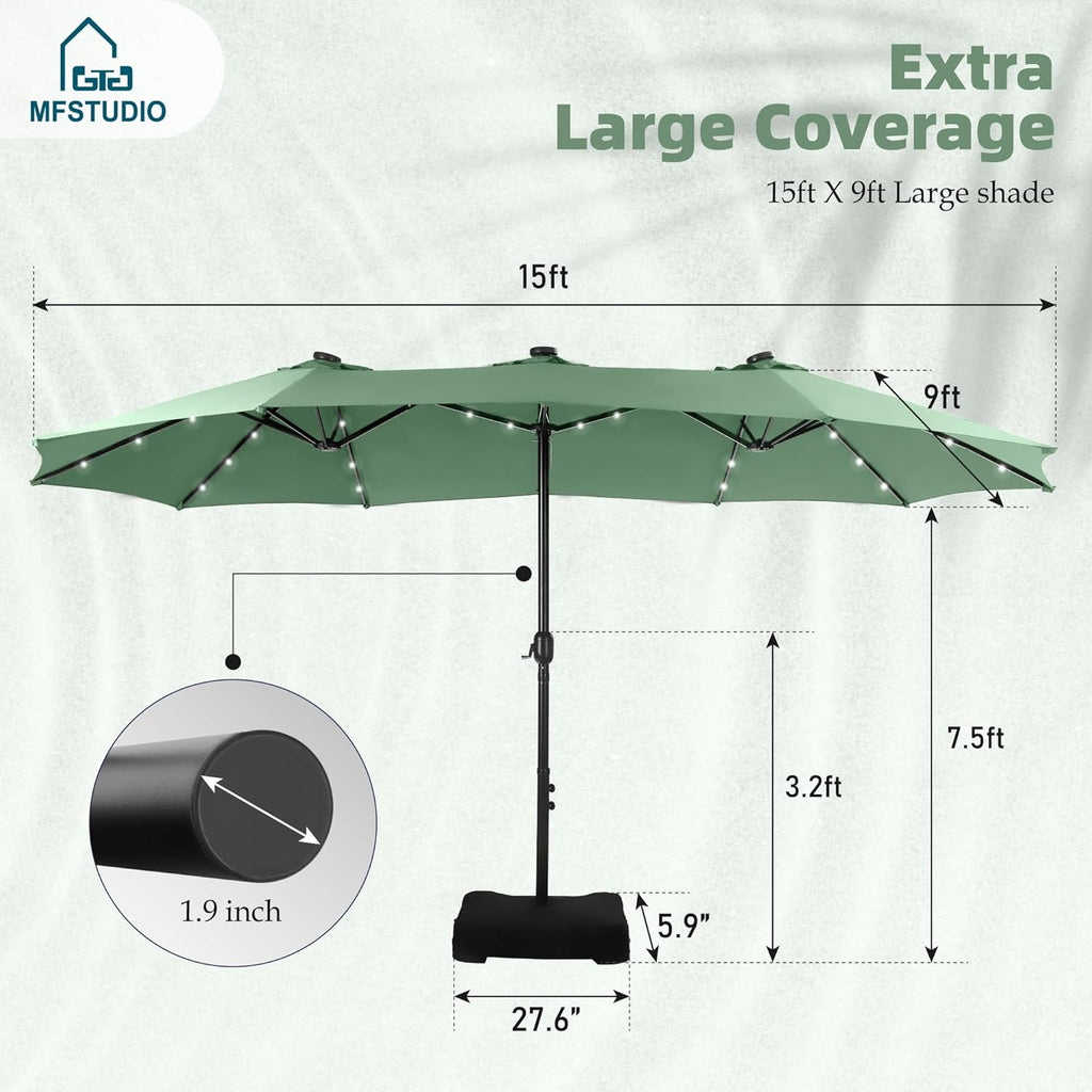 15ft Double Sided Patio Umbrella with Solar Lights, Outdoor Large Umbrellas with Crank Handle and 36 LED Lights, Rectangular Market Umbrella with Base Included for Deck Pool Shade
