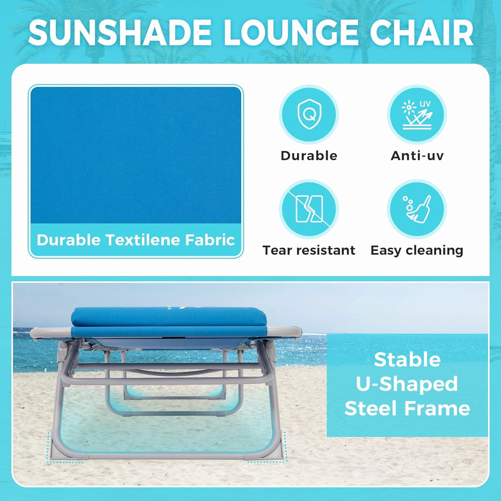 2 Pack Outdoor Chaise Lounge Chair - Portable Folding Patio Pool Lounge Chair, 5 Positions Adjustable Reclining Camping Chair with Side Table,Shoulder Strap, Pillow for Beach Sunbathing Lawn