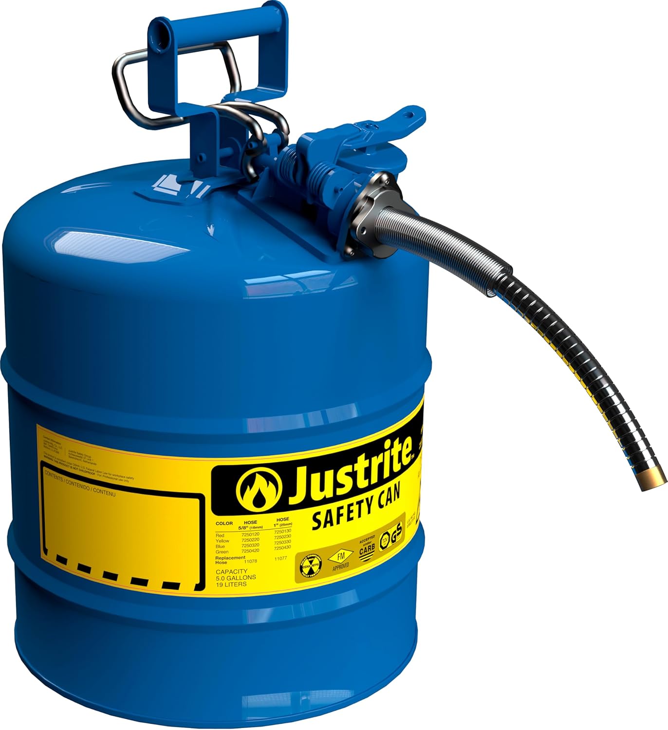 Justrite 5-Gallon Type II Red Safety Gas Can OSHA-Approved Steel Fuel Container with Flame Arrester, Self-Closing Lid & 1" Flexible Spout (7250130)