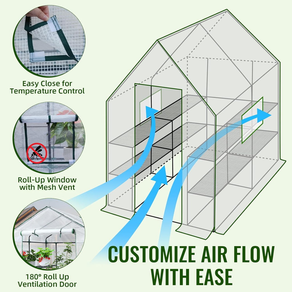 Greenhouse, 57 x 85 x 76'' Greenhouses for Outdoors, Portable Greenhouse Kit with Mesh Side Windows, PE Cover, 8 Shelves, Heavy Duty Walk in Green House for Backyard Garden Indoor Outside