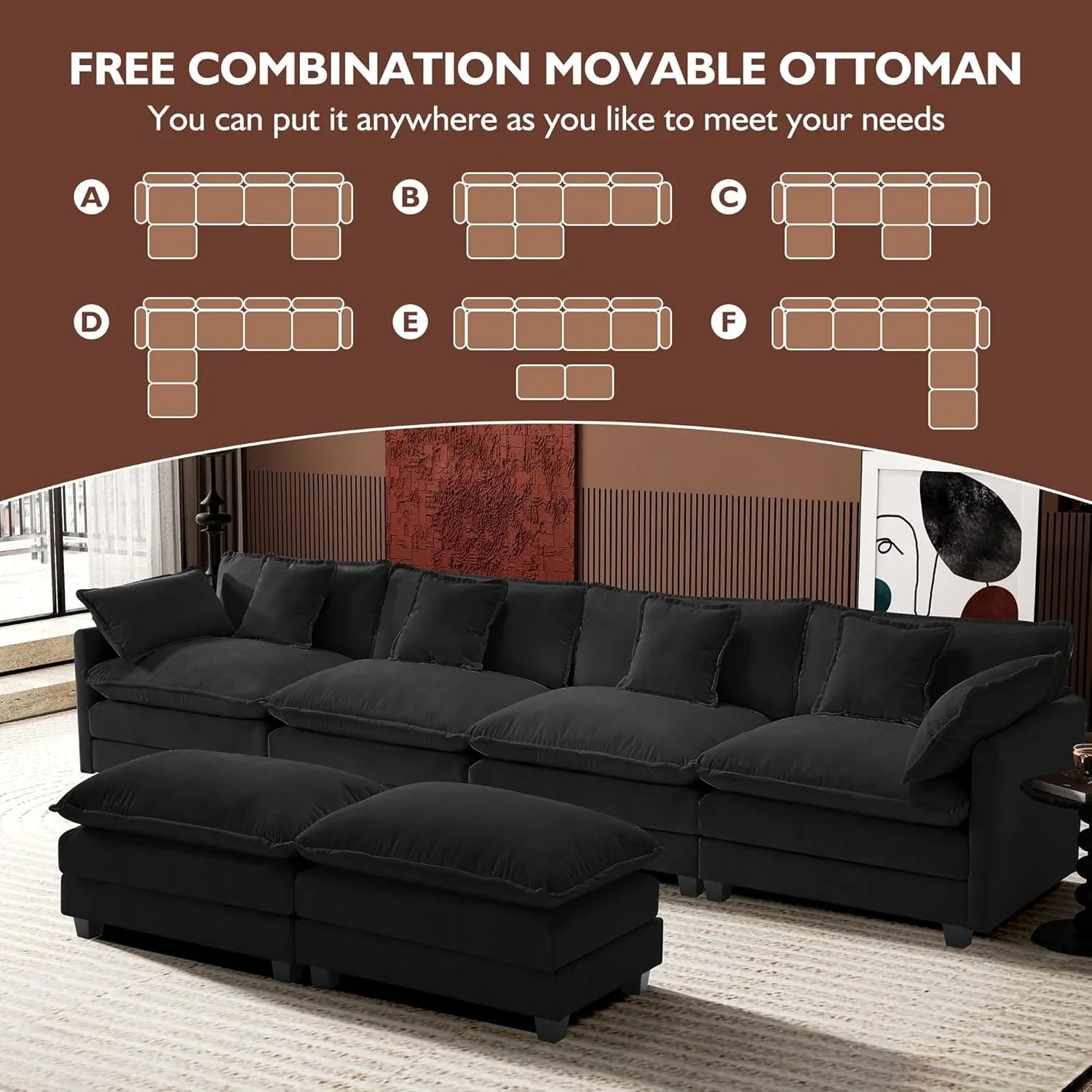 111.4 Inch L Shaped Modern Sofa Modular Cloud Sofa with Ottoman 4 Seater Chenille Deep Seat Sofa