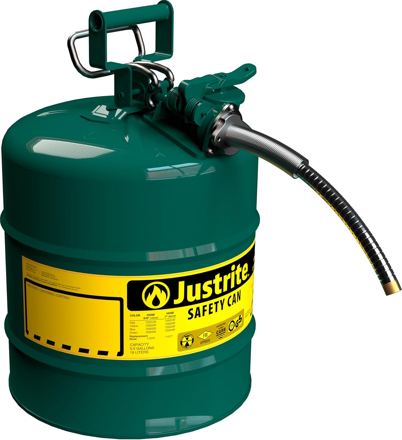 Justrite 5-Gallon Type II Red Safety Gas Can OSHA-Approved Steel Fuel Container with Flame Arrester, Self-Closing Lid & 1" Flexible Spout (7250130)