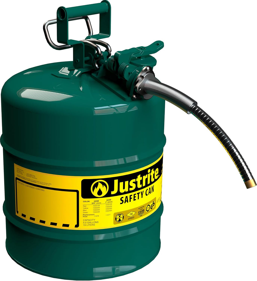 Justrite 5-Gallon Type II Red Safety Gas Can OSHA-Approved Steel Fuel Container with Flame Arrester, Self-Closing Lid & 1" Flexible Spout (7250130)