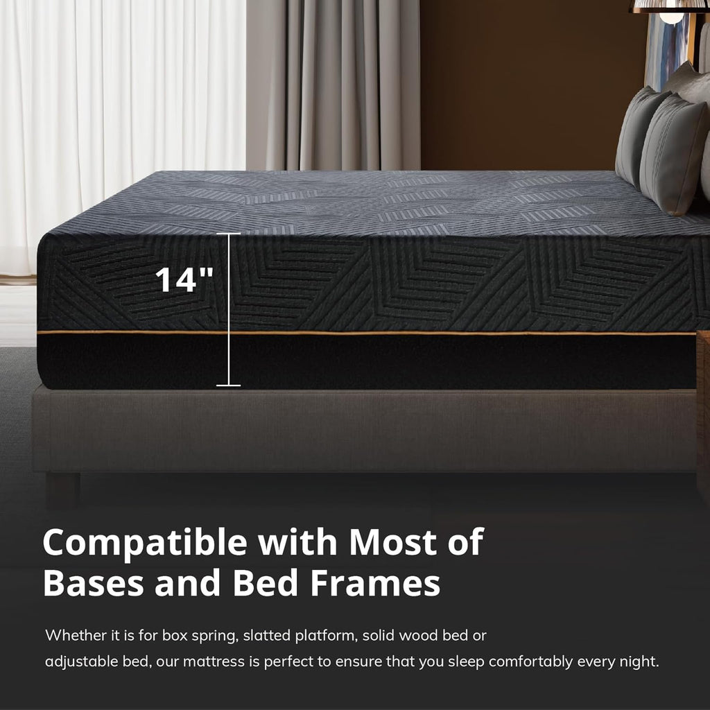 EGOHOME 14 Inch King Size Memory Foam Mattress for Back Pain, Cooling Gel Mattress Bed in a Box, Made in USA, CertiPUR-US Certified, Therapeutic Medium Mattress, 76x80x14 Black