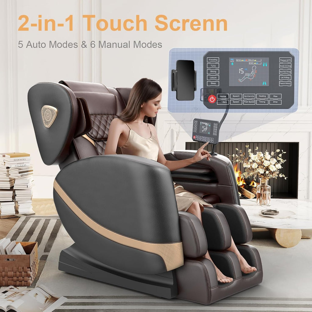 2025 Massage Chair Full Body, Zero Gravity Massage Chair with 10 Fix Rollers, Heating, Foot Massage, Auto Modes, Bluetooth Speaker, Touch Screen Controller (Brown Premium)