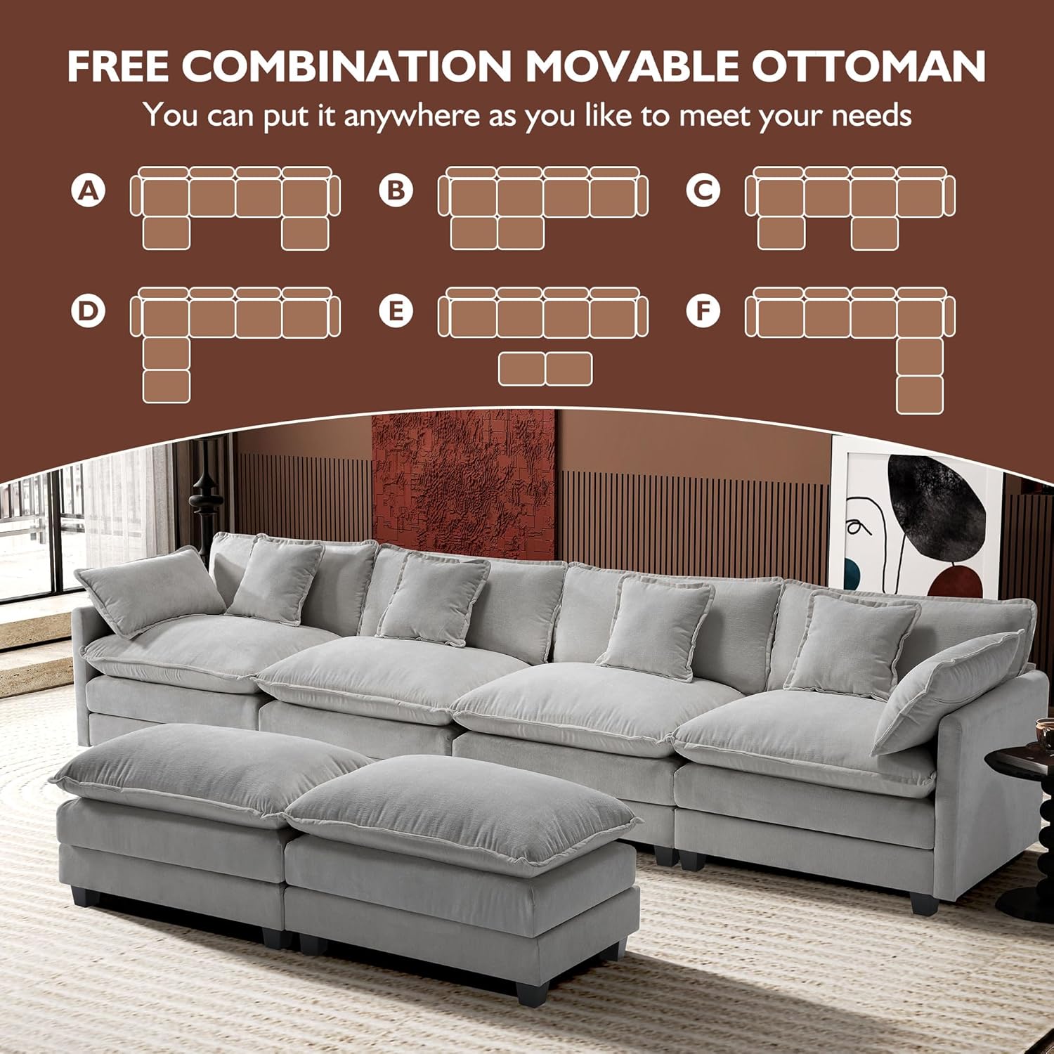 111.4 Inch L-Shaped Modern Sofa Modular Cloud Sofa Ottoman 4-Seater Chenille Deep Seat Sofa