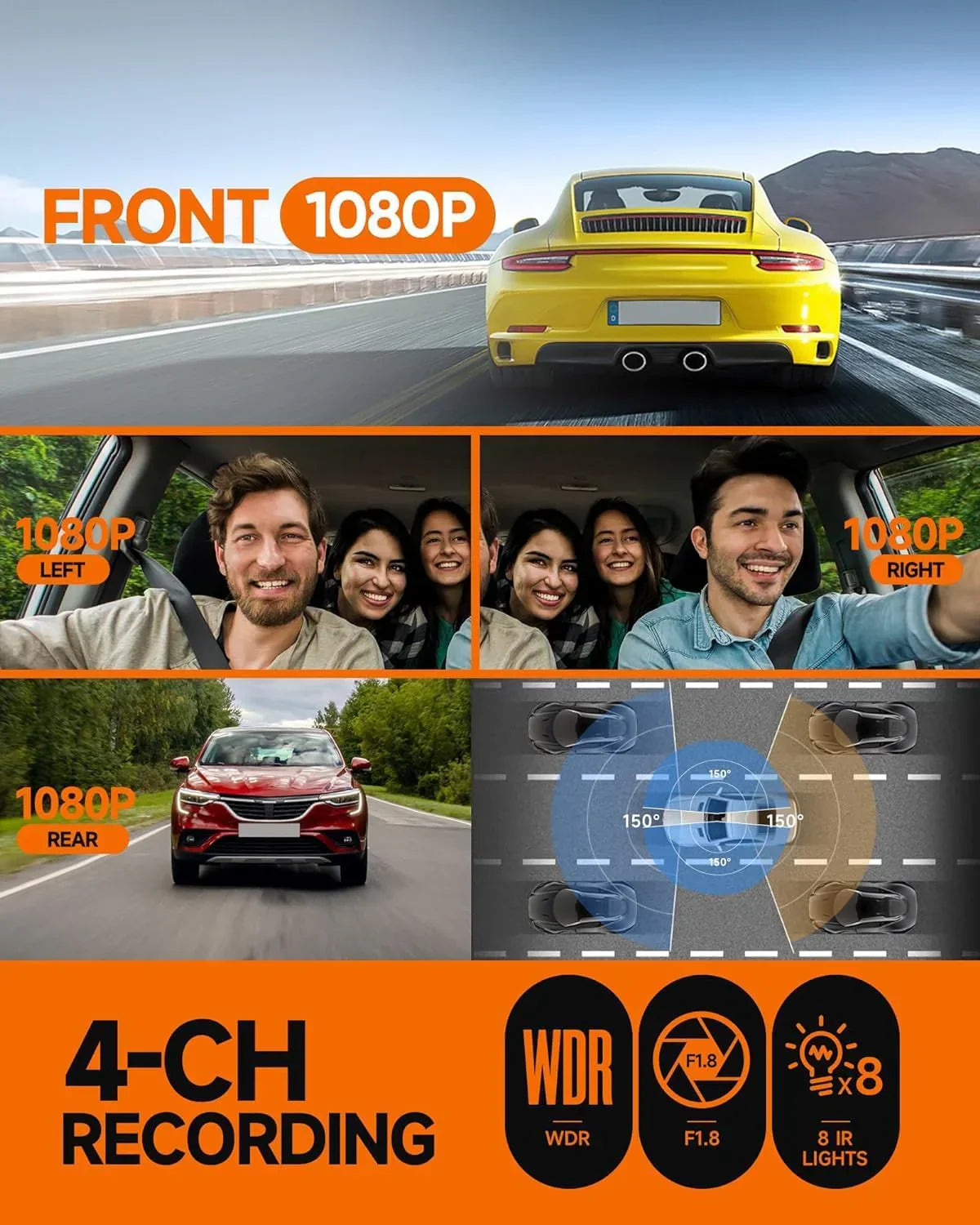360æŽ?Dash Cam 4-Channel FHD 4*1080P Wi-Fi GPS Voice Control Car Camera Front 2K+1080P