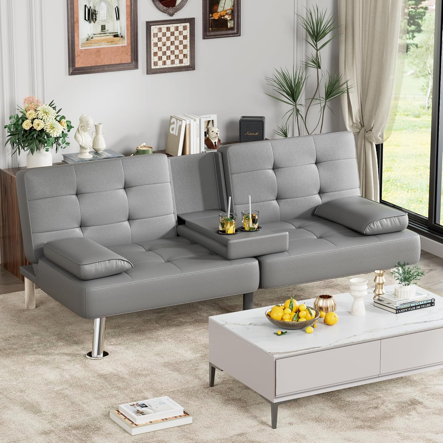 Homall Futon Sofa Bed, Leather Futon Couch with Removable Armrests, Adjustable Recliner Sleeper Sofa Bed with Dual Cup Holders for Living Room, Apartment, Office (Black)