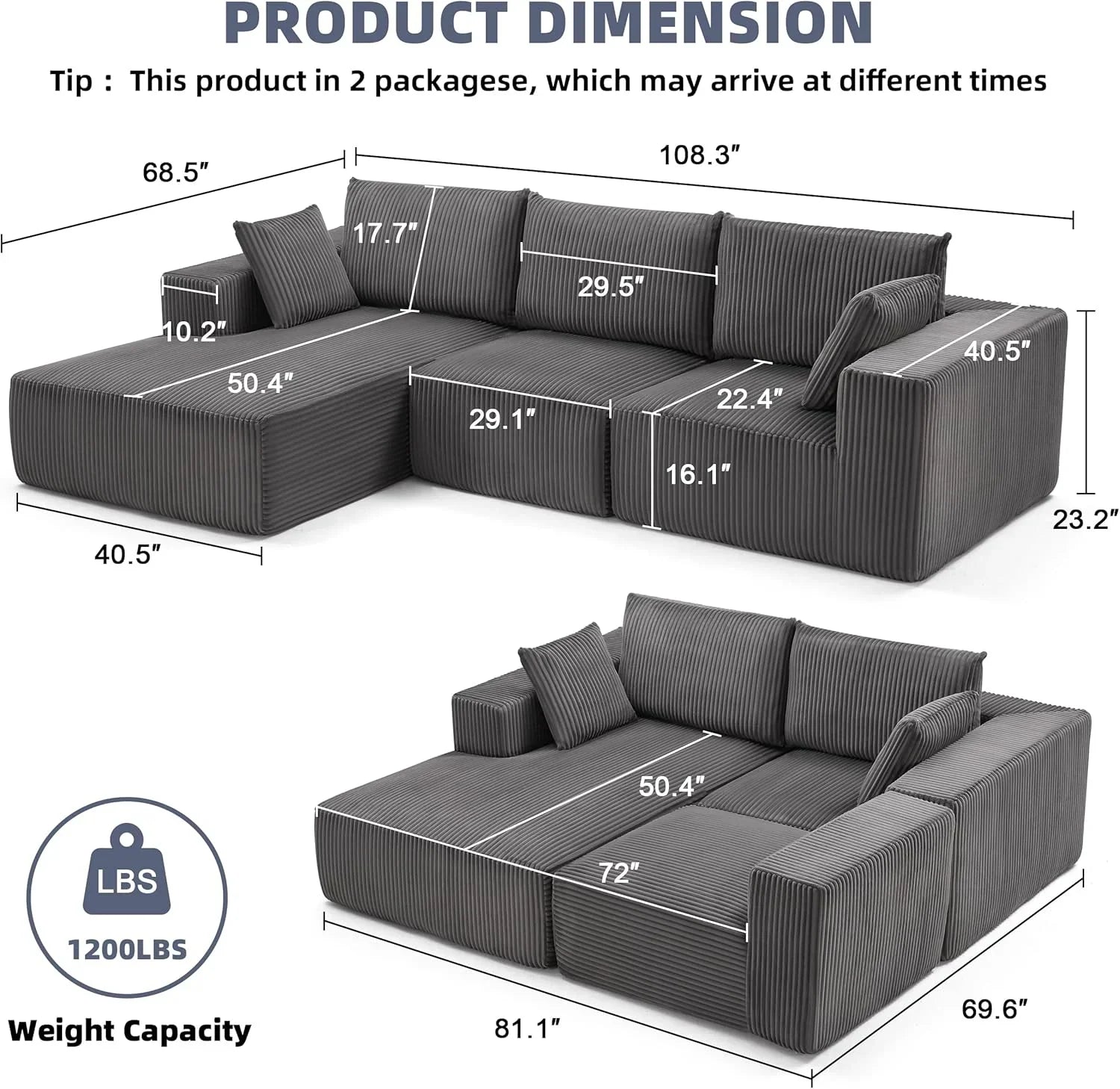 108 inch sectional sofa cloud sectional sofa with deep seat modern sectional L shaped sofa