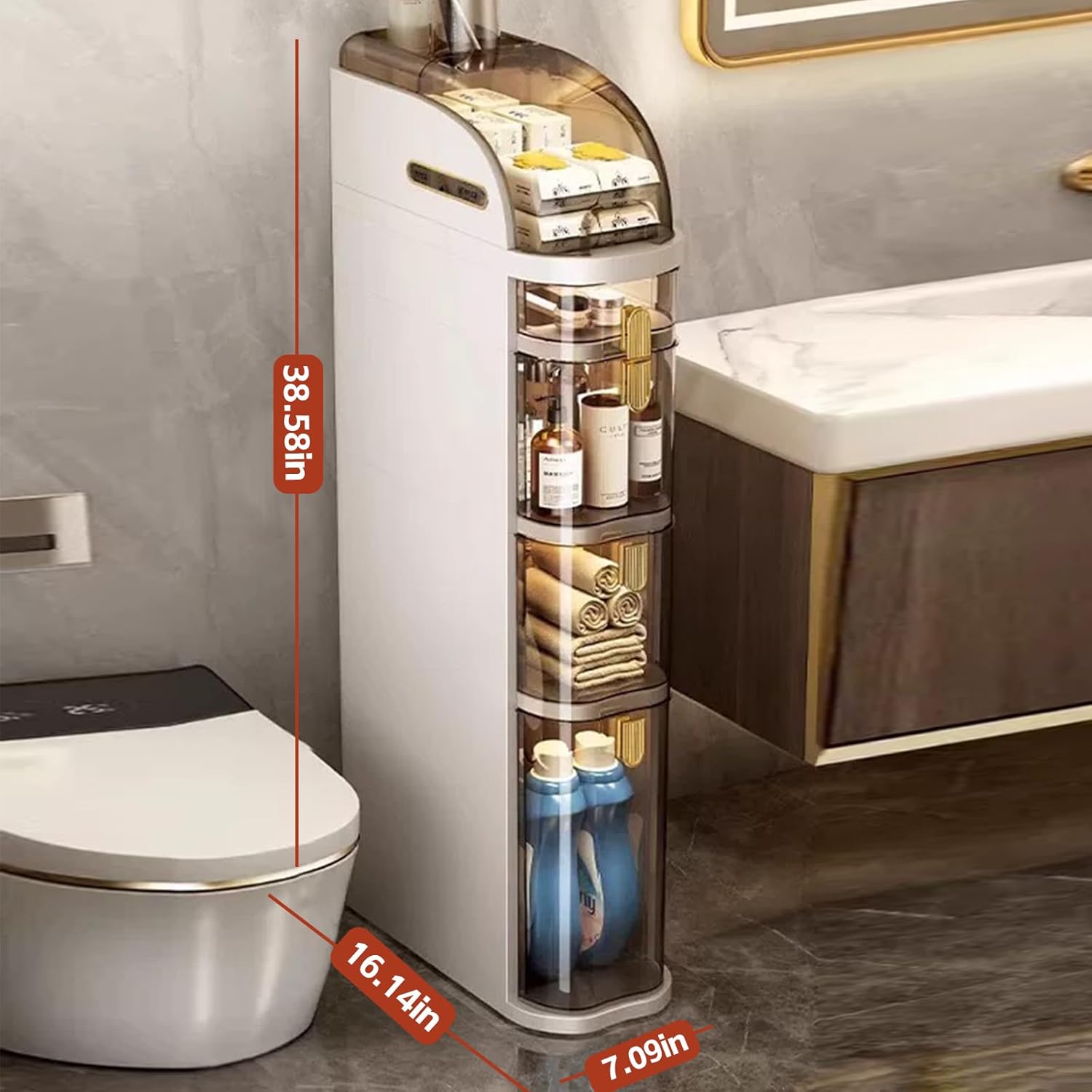 4-Tiers Narrow Bathroom Storage Cabinet 7.1 Slim Bathroom Floor Organizer with Drawers and Tissue Box Plastic Waterproof Mobile Locker