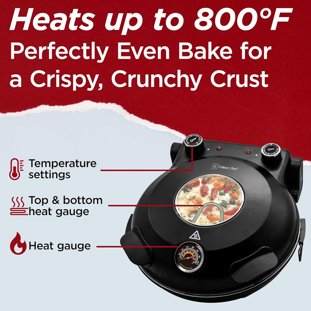 Electric Pizza Oven with Ceramic Stone, Viewing Window, Adjustable Heat Control, Timer and 1200W Baking Power, DIY Homemade Pizzeria, Large 12 Pie Capacity (Black)
