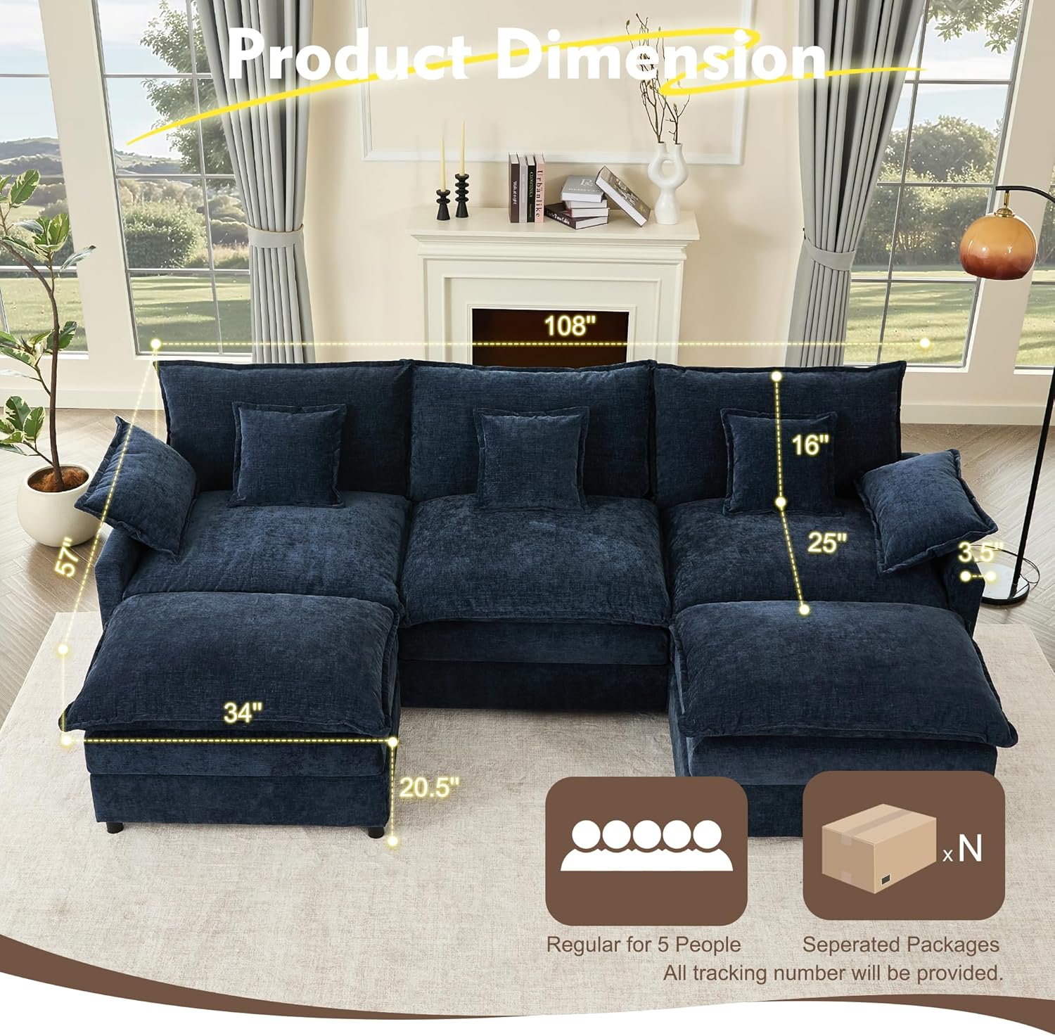 108" U Shaped Couch, Modular Sectional Sofa, 3-Seater Comfy Cloud Couch with Movable Ottoman, Deep Seat Couches for Living Room, Linen, Beige