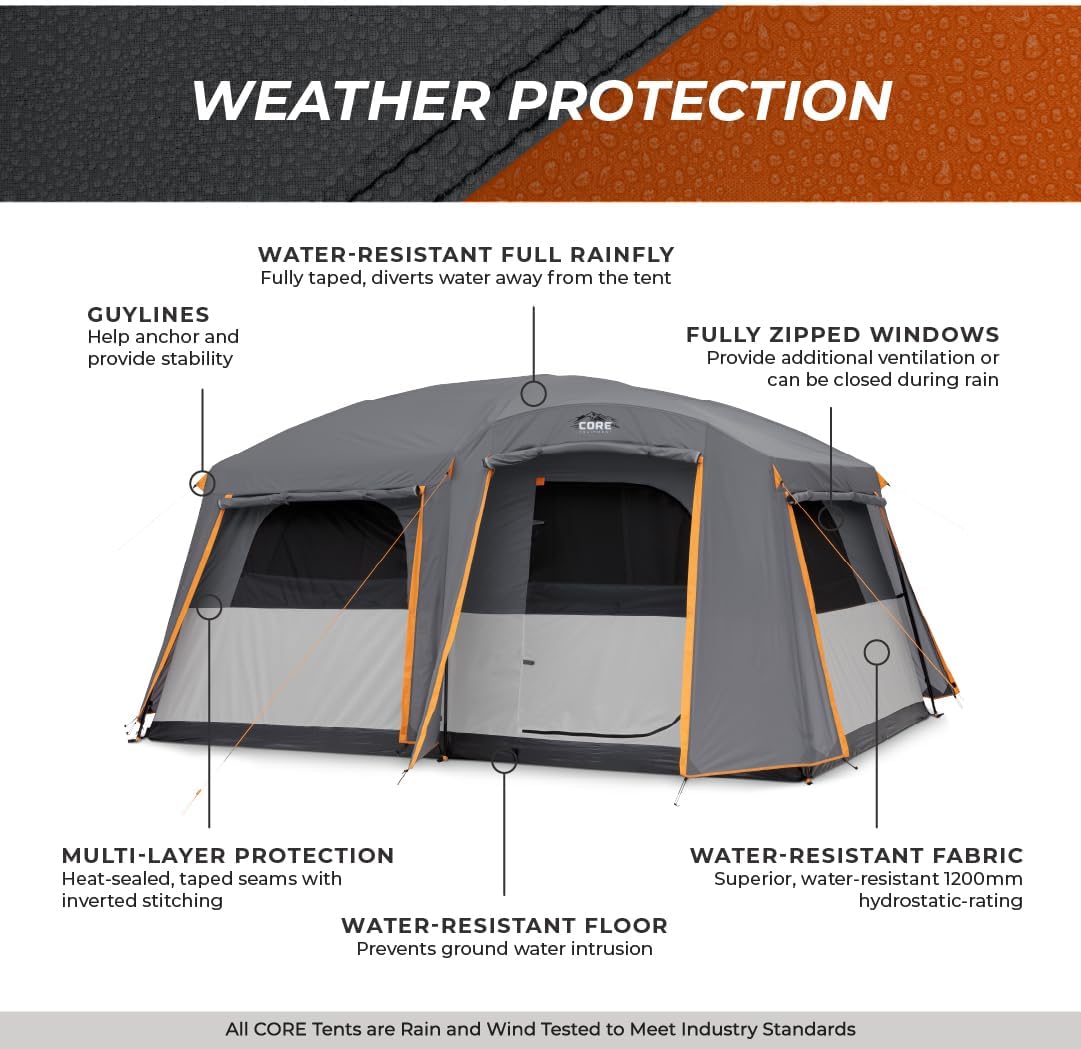 CORE Straight Wall Cabin Tents | 10 Person / 11 Person / 12 Person Large Multi Room Family Tents for Car Camping & Outdoor Adventures