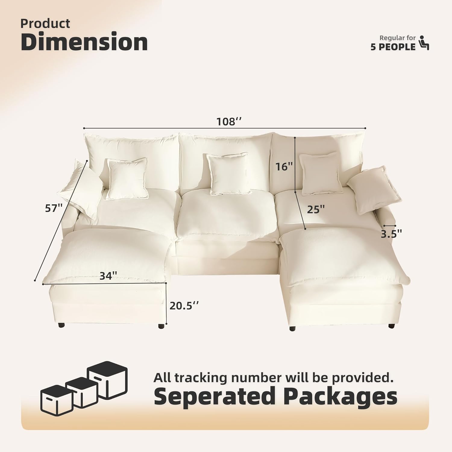 108" U Shaped Couch, Modular Sectional Sofa, 3-Seater Comfy Cloud Couch with Movable Ottoman, Deep Seat Couches for Living Room, Linen, Beige