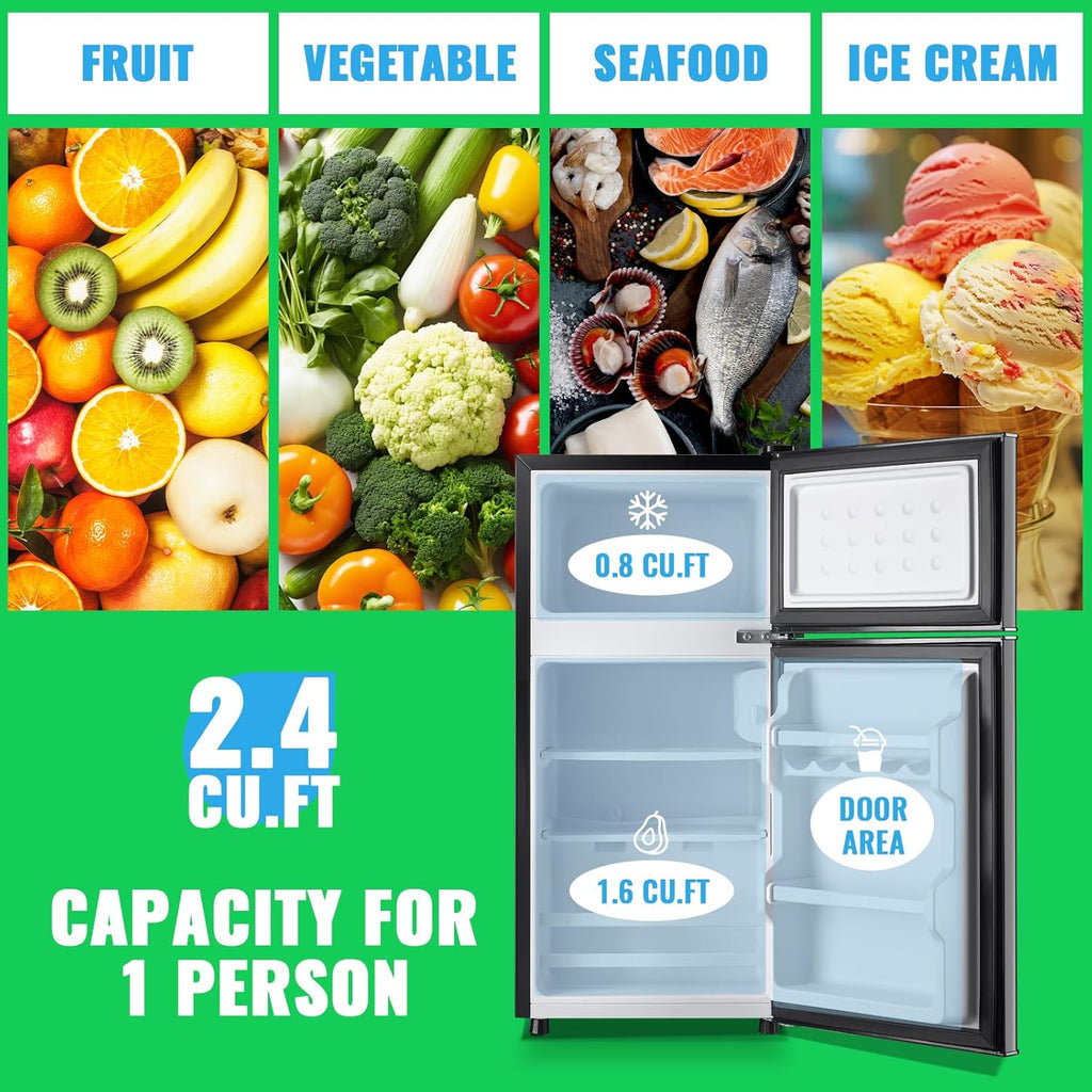 2.4 Cu.Ft Mini Fridge with Freezer & Double Door Small Tiny Size Refrigerator with 7 Temperature Control Knob Only Suitable for One Person Use Black