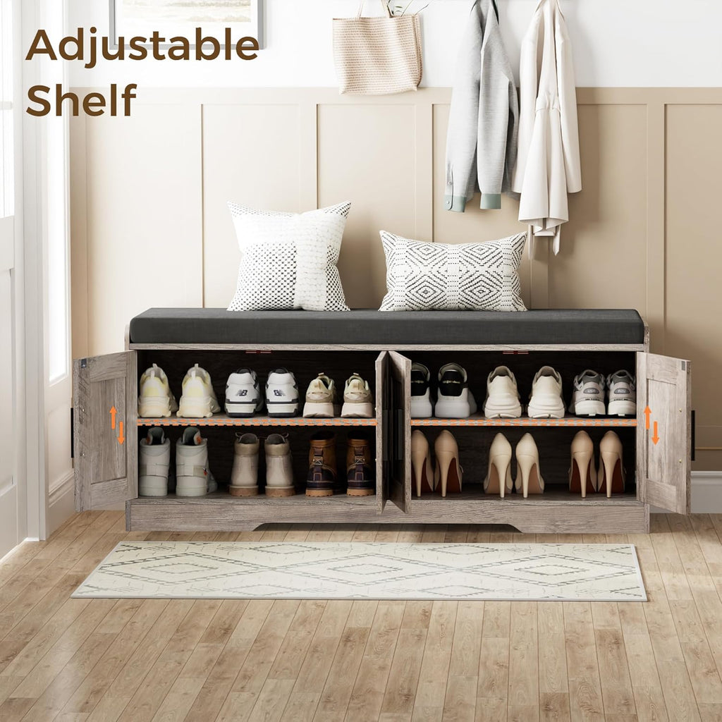 2-Tier Storage Bench, Shoe Bench with Thickened Padded Seat Cushion, Entryway Bench with 4 Doors, Adjustable Shelf, 13.8" D x 45.3" W x 18.5" H, for Entryway, Living Room, Bedroom, White